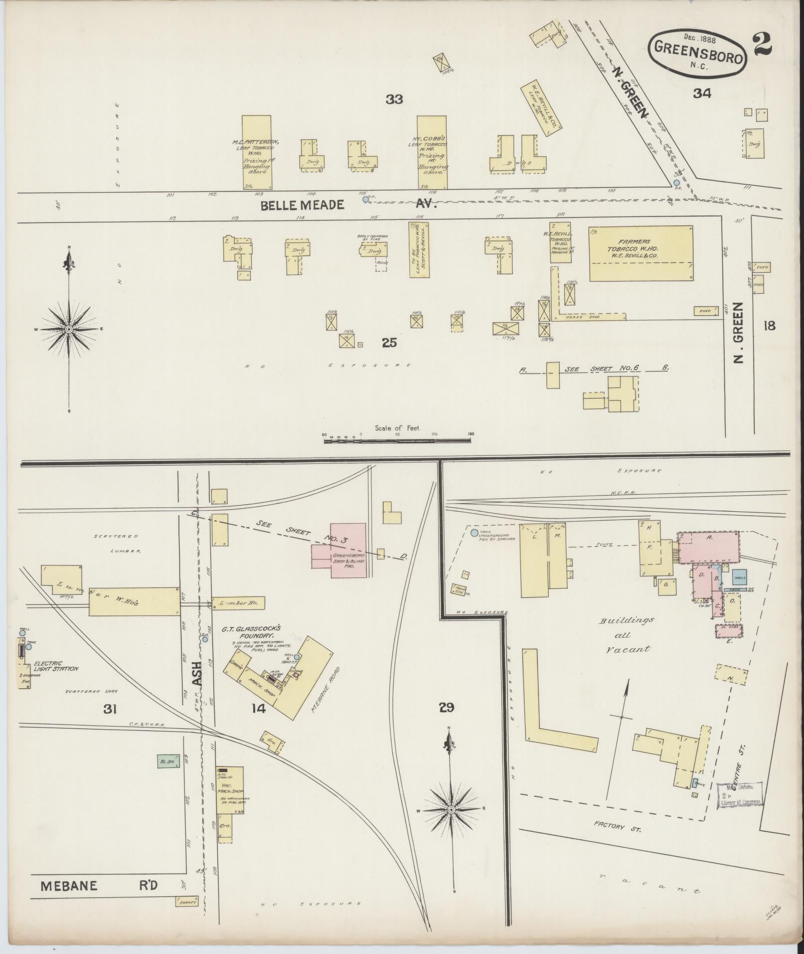 Sanborn Fire Insurance Map from Greensboro, Guilford County, North Carolina (1888), Sheet #0002 - Complete Map Set gallery image, historic Sanborn map, vintage wall art, North Carolina North Carolina