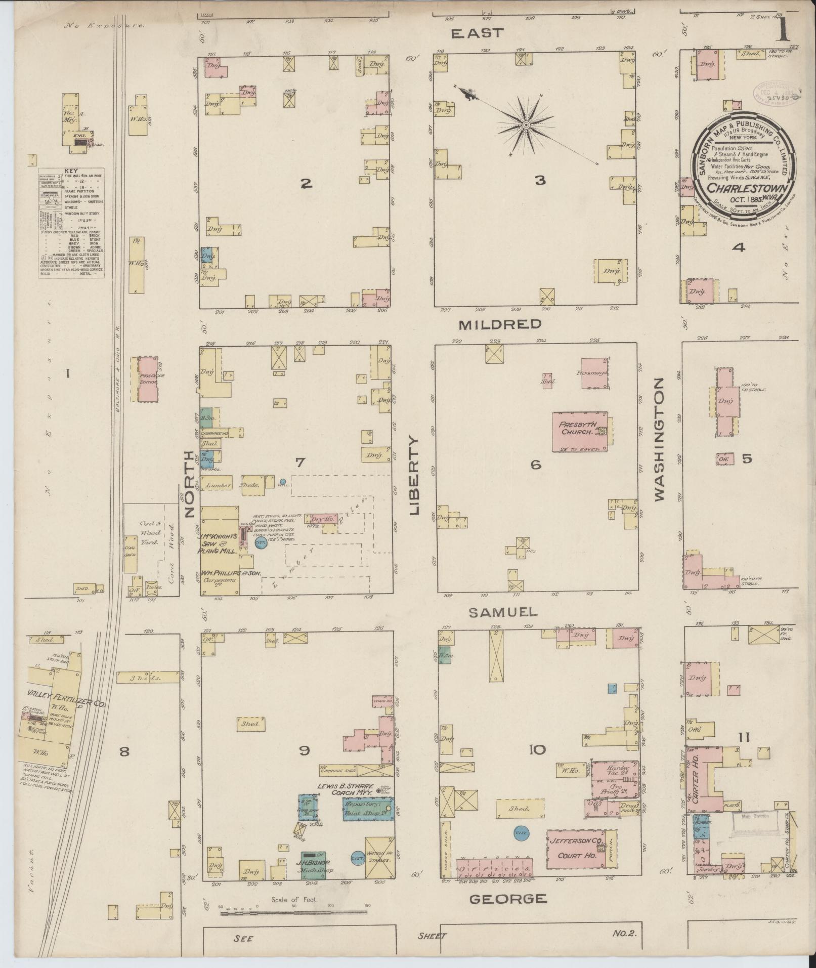 Sanborn Fire Insurance Map from Charles Town, Jefferson County, West Virginia (1885), Sheet #0001 - Complete Map Set gallery image, historic Sanborn map, vintage wall art, West Virginia West Virginia