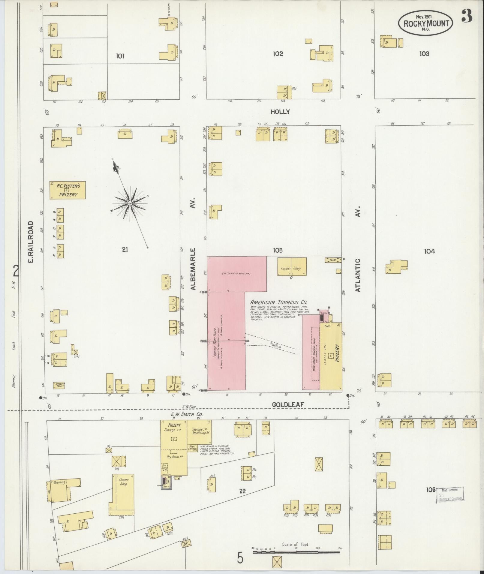 Sanborn Fire Insurance Map from Rocky Mount, Edgecombe And Nash Counties, North Carolina (1901), Sheet #0003 - Complete Map Set gallery image, historic Sanborn map, vintage wall art, North Carolina North Carolina