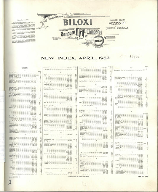 Sanborn Fire Insurance Map from Biloxi, Harrison County, Mississippi (1952), Sheet #0001 - Historic Sanborn Fire Insurance Map Print, vintage old map wall art, antique decor, genealogy gift, Mississippi Mississippi map