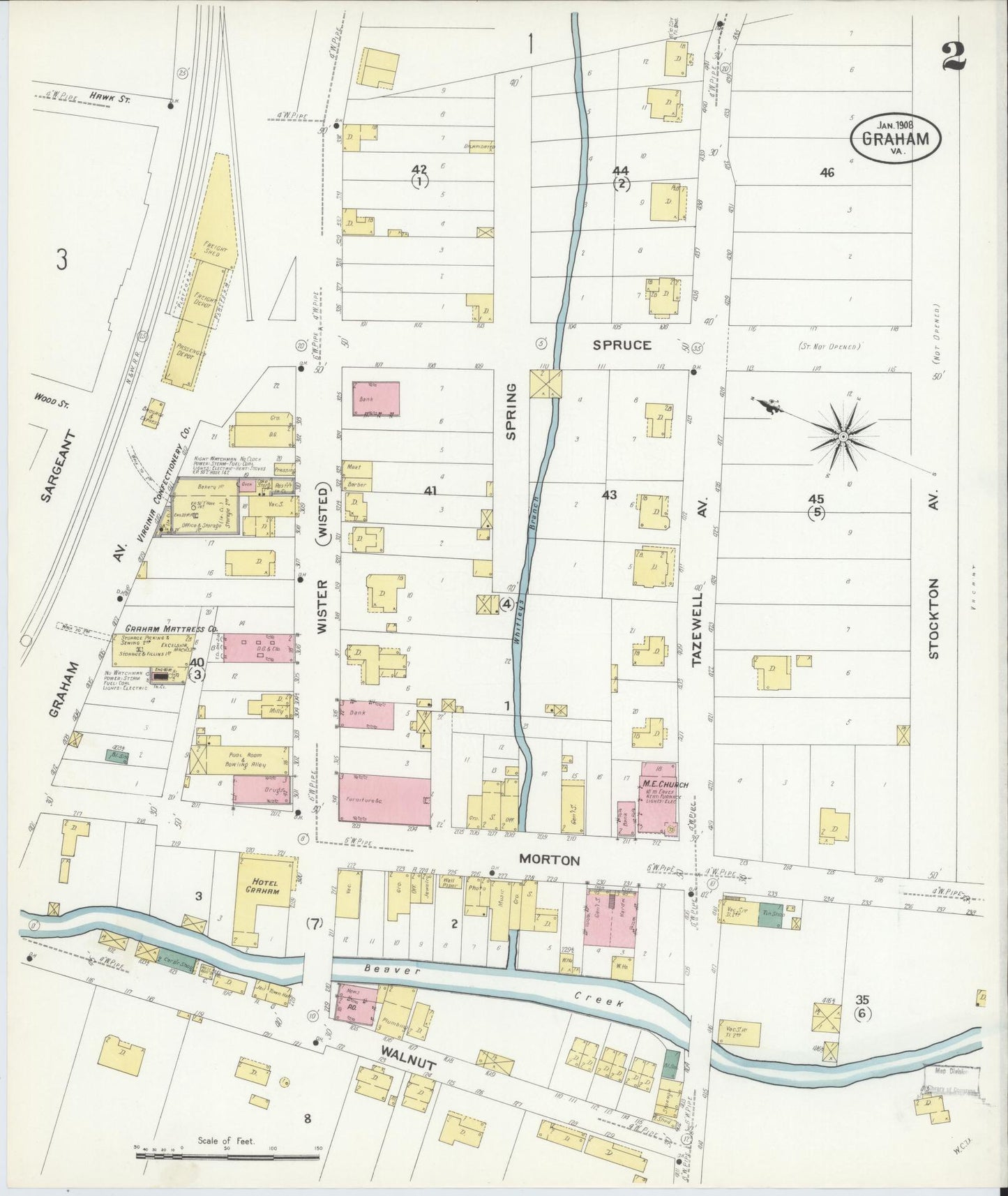 Sanborn Fire Insurance Map from Graham, Tazewell County, Virginia (1908), Sheet #0002 - Complete Map Set gallery image, historic Sanborn map, vintage wall art, Virginia Virginia