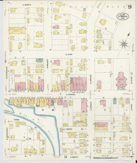Sanborn Fire Insurance Map from Saint Marys, Auglaize County, Ohio (1907), Sheet #0009 - Historic Sanborn Fire Insurance Map Print, vintage old map wall art, antique decor, genealogy gift, Ohio Ohio map