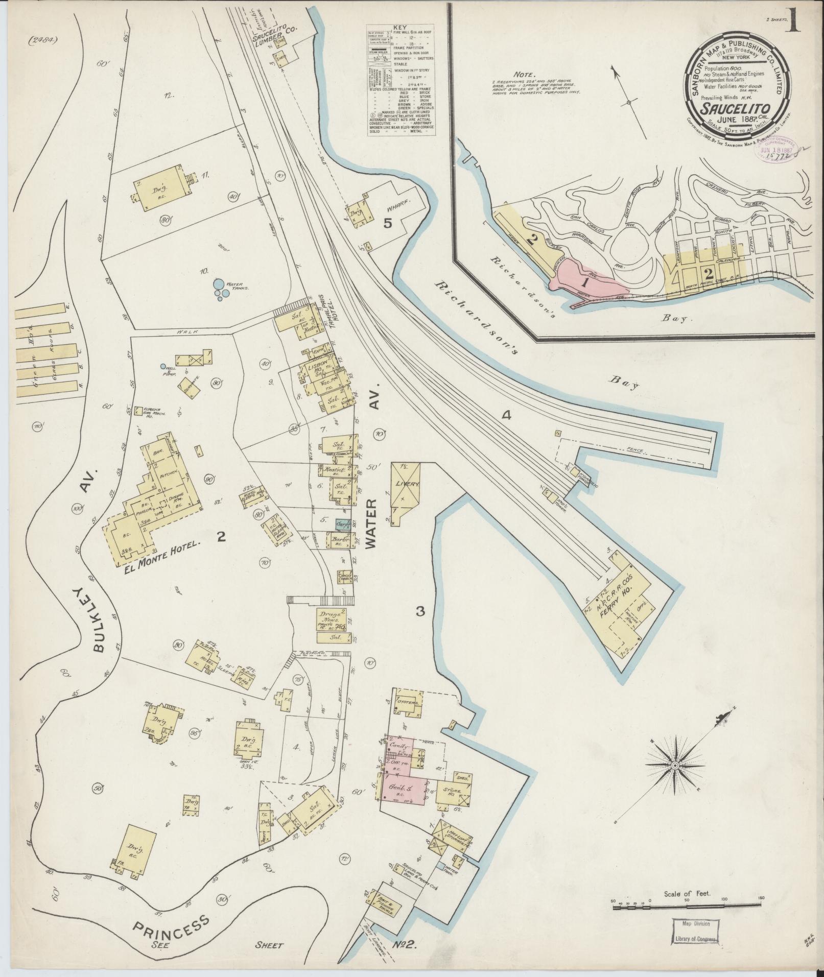 Sanborn Fire Insurance Map from Sausalito, Marin County, California (1887), Sheet #0001 - Complete Map Set gallery image, historic Sanborn map, vintage wall art, California California