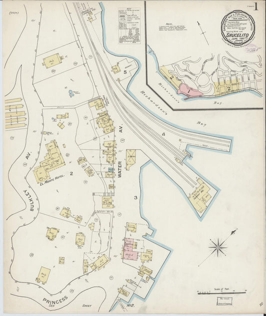 Sanborn Fire Insurance Map from Sausalito, Marin County, California (1887), Sheet #0001 - Complete Map Set gallery image, historic Sanborn map, vintage wall art, California California