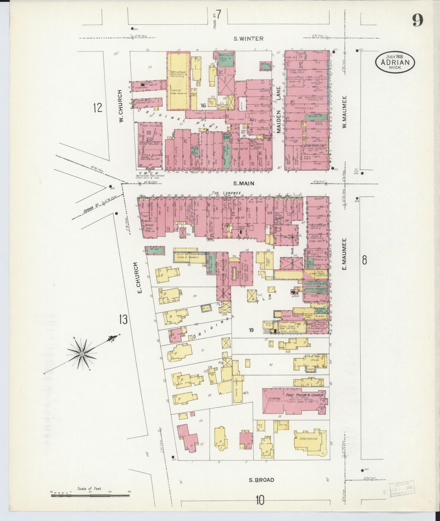 Sanborn Fire Insurance Map from Adrian, Lenawee County, Michigan (1908), Sheet #0009 - Complete Map Set gallery image, historic Sanborn map, vintage wall art, Michigan Michigan