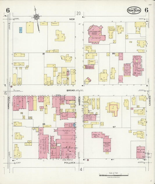 Sanborn Fire Insurance Map from New Bern, Craven County, North Carolina (1924), Sheet #0006 - Historic Sanborn Fire Insurance Map Print, vintage old map wall art, antique decor, genealogy gift, North Carolina North Carolina map