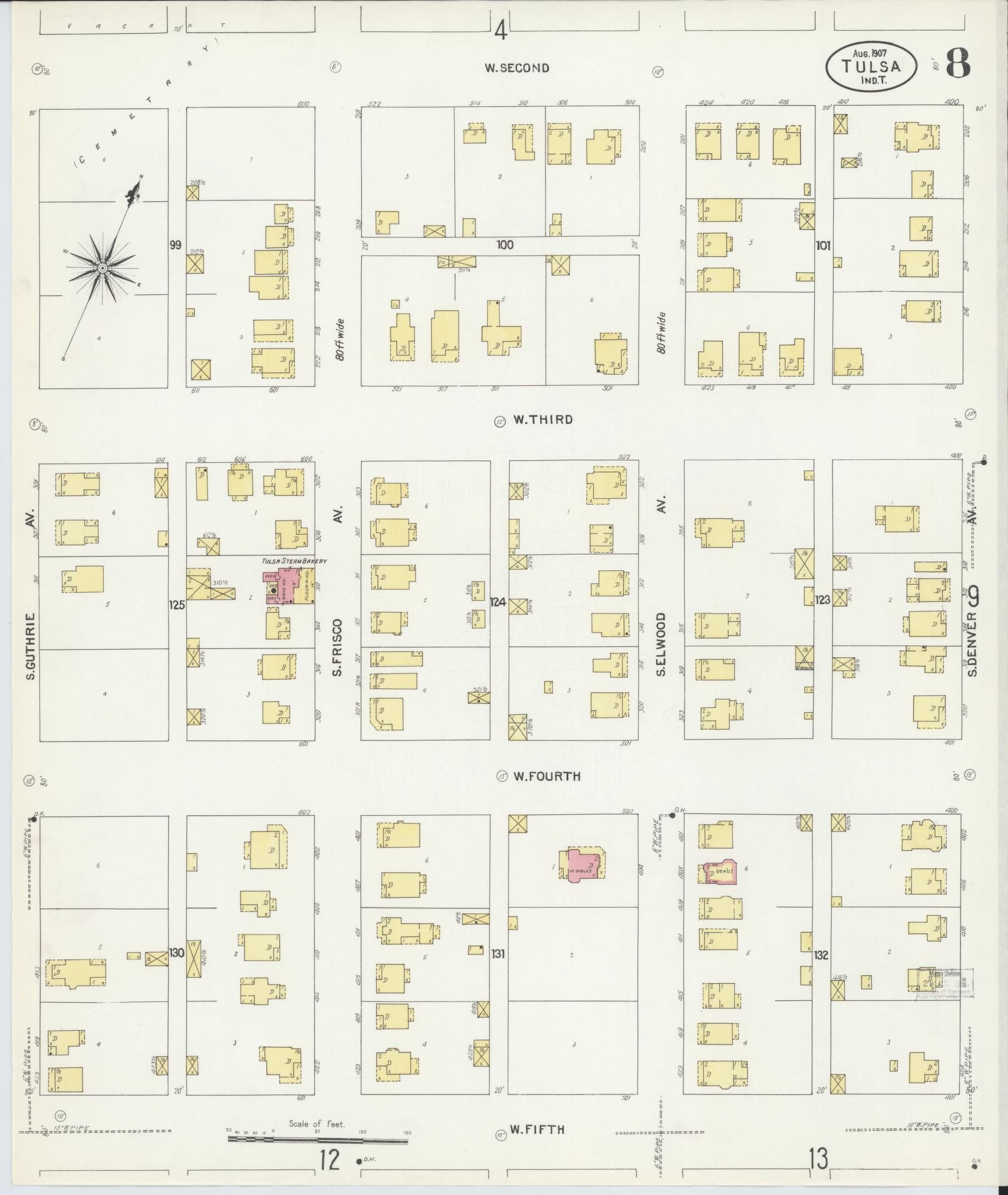 Sanborn Fire Insurance Map from Tulsa, Tulsa County, Oklahoma (1907), Sheet #0008 - Complete Map Set gallery image, historic Sanborn map, vintage wall art, Oklahoma Oklahoma