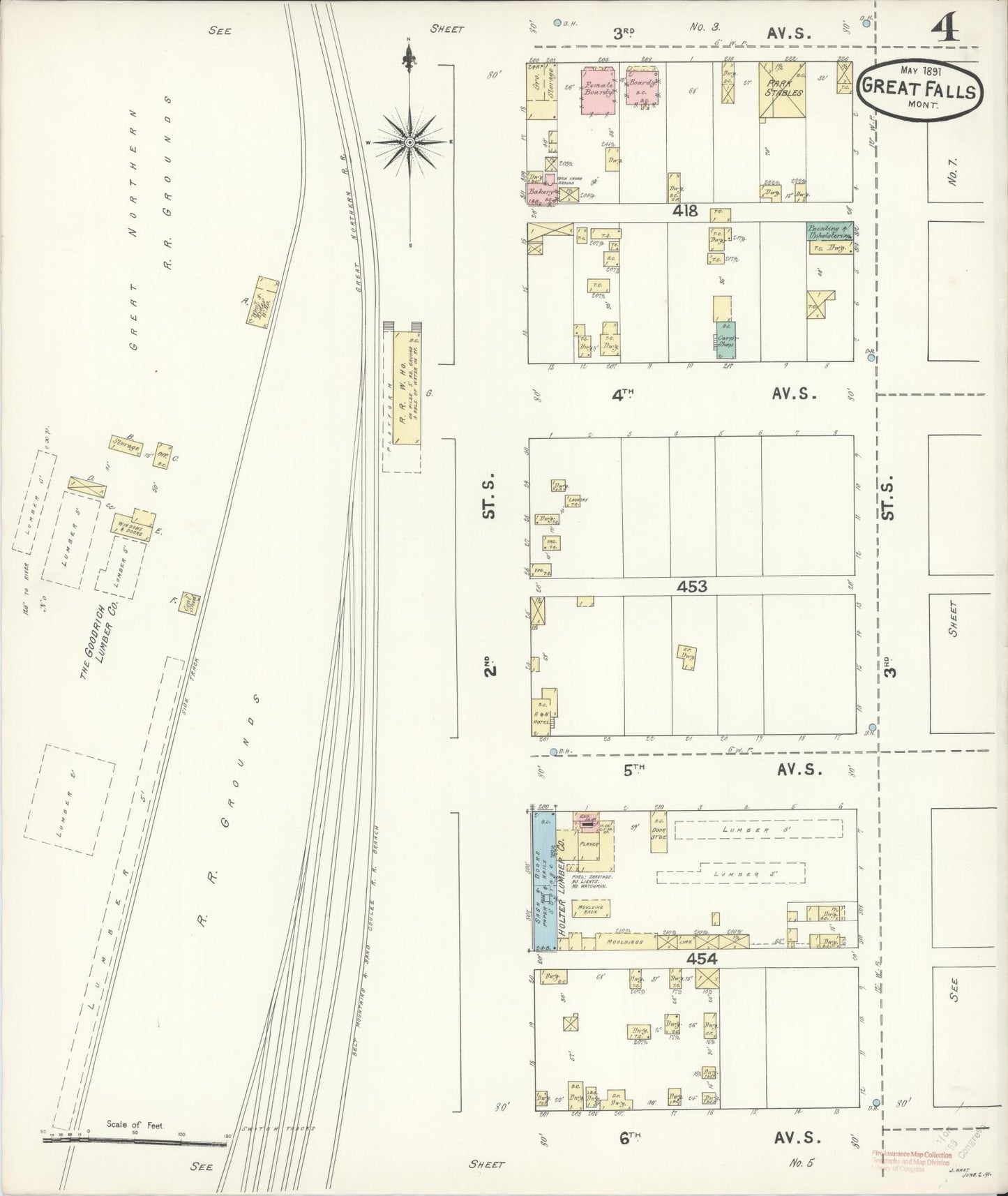 Sanborn Fire Insurance Map from Great Falls, Cascade County, Montana (1891), Sheet #0004 - Historic Sanborn Fire Insurance Map Print, vintage old map wall art, antique decor, genealogy gift, Montana Montana map