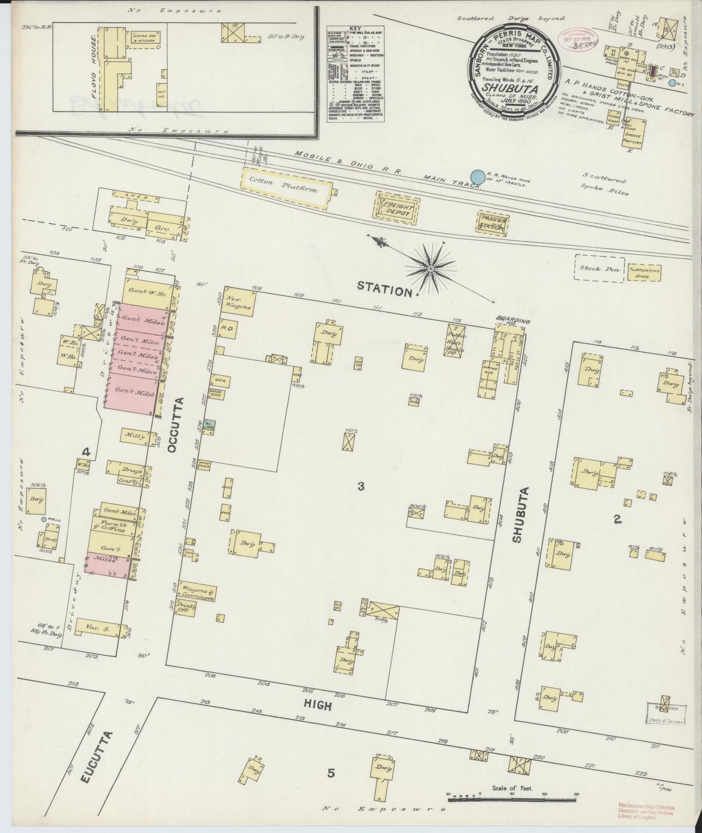 Sanborn Fire Insurance Map from Shubuta, Clarke County, Mississippi (1890), Sheet #0001 - Historic Sanborn Fire Insurance Map Print, vintage old map wall art, antique decor, genealogy gift, Mississippi Mississippi map