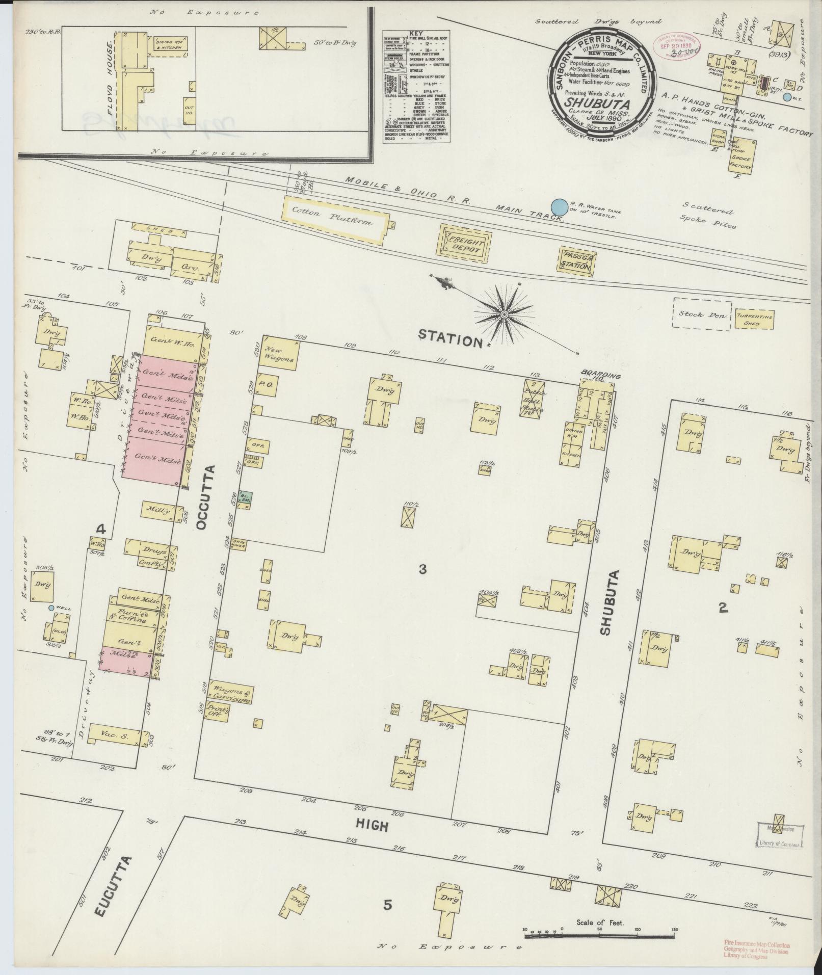 Sanborn Fire Insurance Map from Shubuta, Clarke County, Mississippi (1890), Sheet #0001 - Historic Sanborn Fire Insurance Map Print, vintage old map wall art, antique decor, genealogy gift, Mississippi Mississippi map
