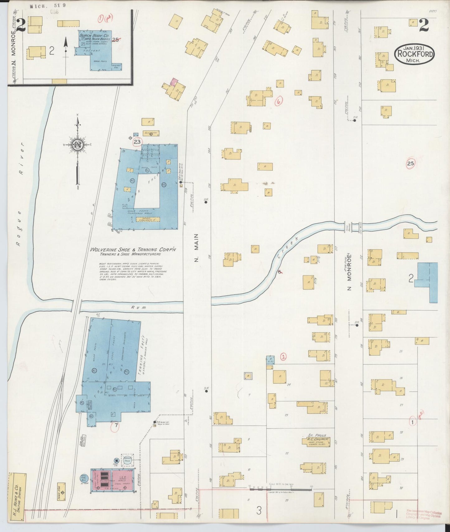 Sanborn Fire Insurance Map from Rockford, Kent County, Michigan (1931), Sheet #0002 - Historic Sanborn Fire Insurance Map Print, vintage old map wall art, antique decor, genealogy gift, Michigan Michigan map