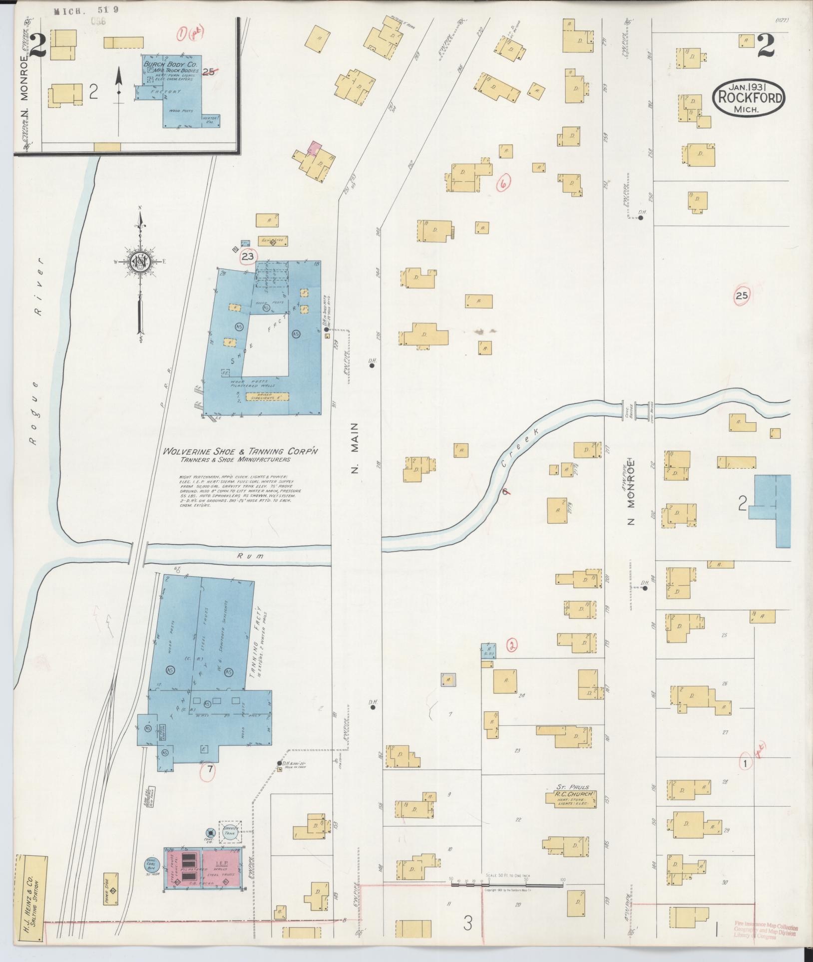 Sanborn Fire Insurance Map from Rockford, Kent County, Michigan (1931), Sheet #0002 - Historic Sanborn Fire Insurance Map Print, vintage old map wall art, antique decor, genealogy gift, Michigan Michigan map