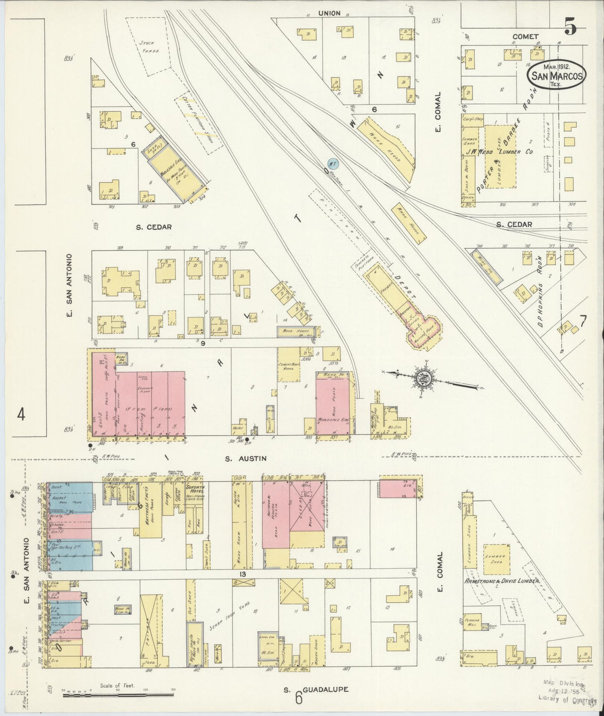 Sanborn Fire Insurance Map from San Marcos, Hays County, Texas (1912), Sheet #0005 - Historic Sanborn Fire Insurance Map Print, vintage old map wall art, antique decor, genealogy gift, Texas Texas map