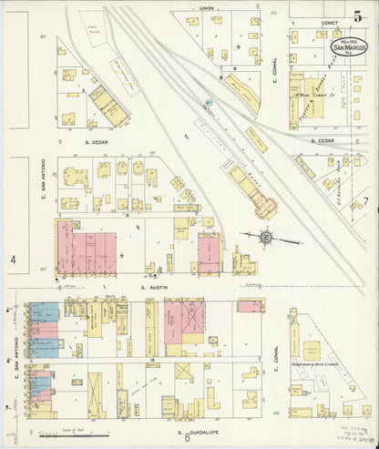 Sanborn Fire Insurance Map from San Marcos, Hays County, Texas (1912), Sheet #0005 - Historic Sanborn Fire Insurance Map Print, vintage old map wall art, antique decor, genealogy gift, Texas Texas map