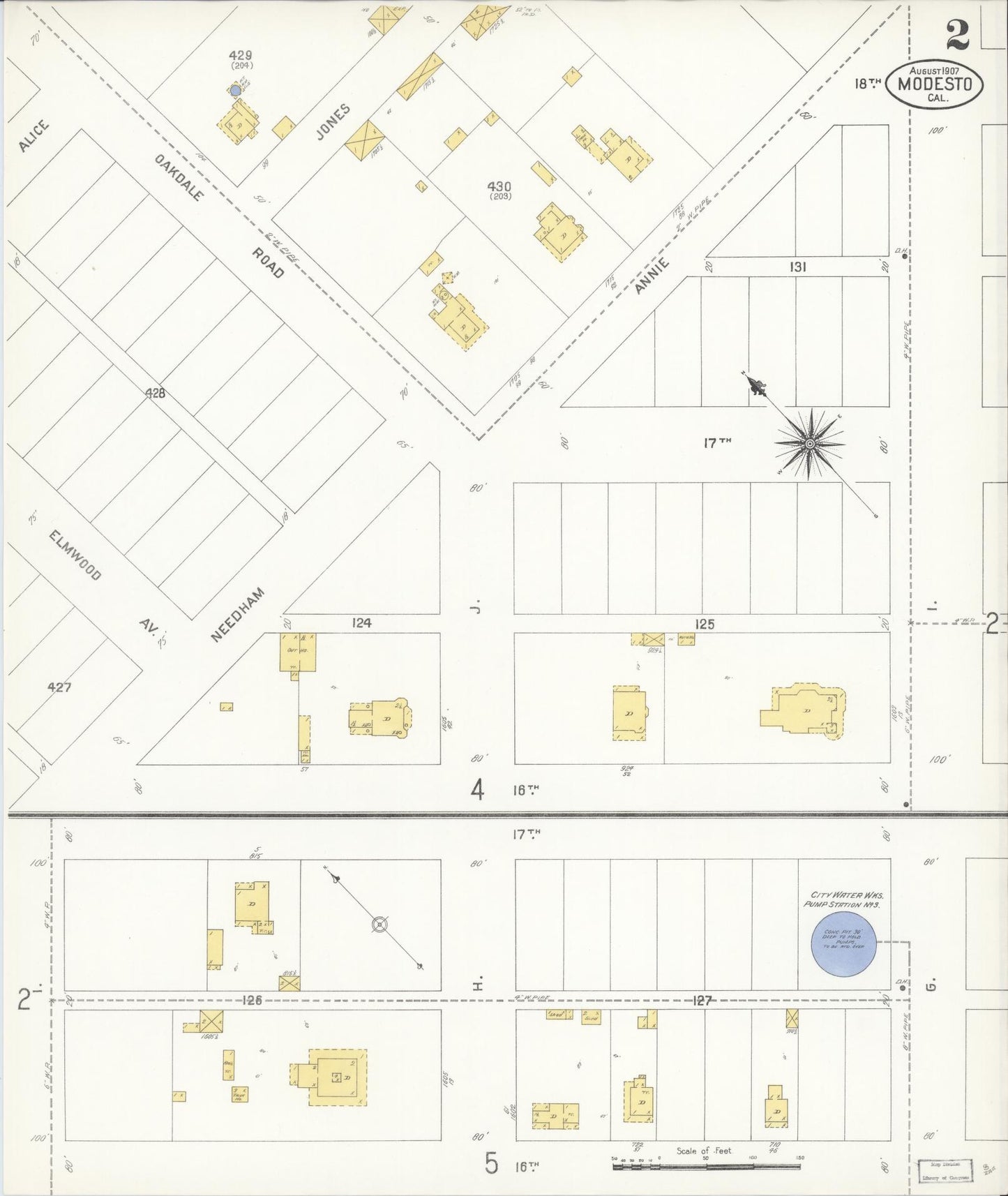 Sanborn Fire Insurance Map from Modesto, Stanislaus County, California (1907), Sheet #0002 - Historic Sanborn Fire Insurance Map Print, vintage old map wall art, antique decor, genealogy gift, California California map