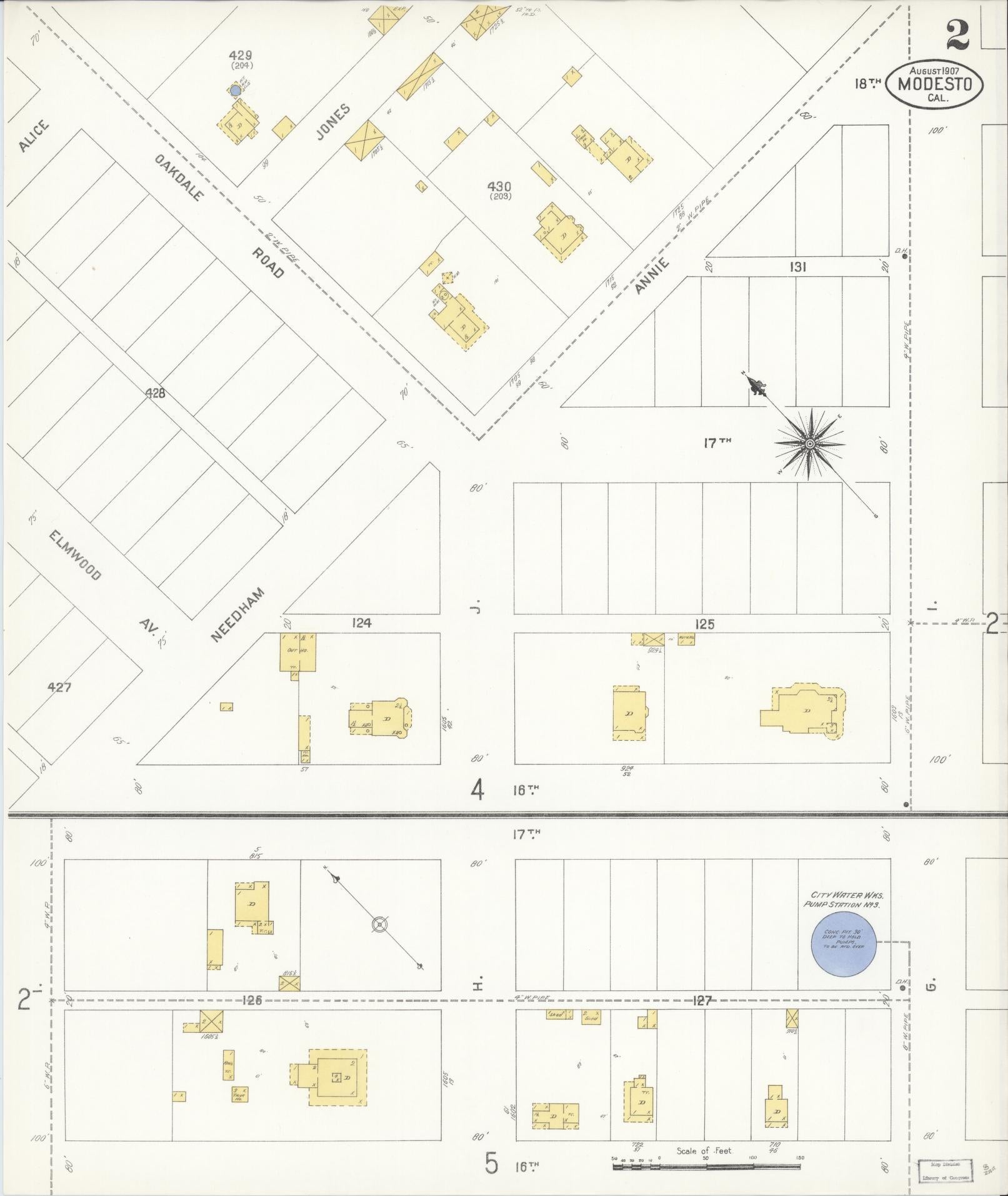 Sanborn Fire Insurance Map from Modesto, Stanislaus County, California (1907), Sheet #0002 - Historic Sanborn Fire Insurance Map Print, vintage old map wall art, antique decor, genealogy gift, California California map