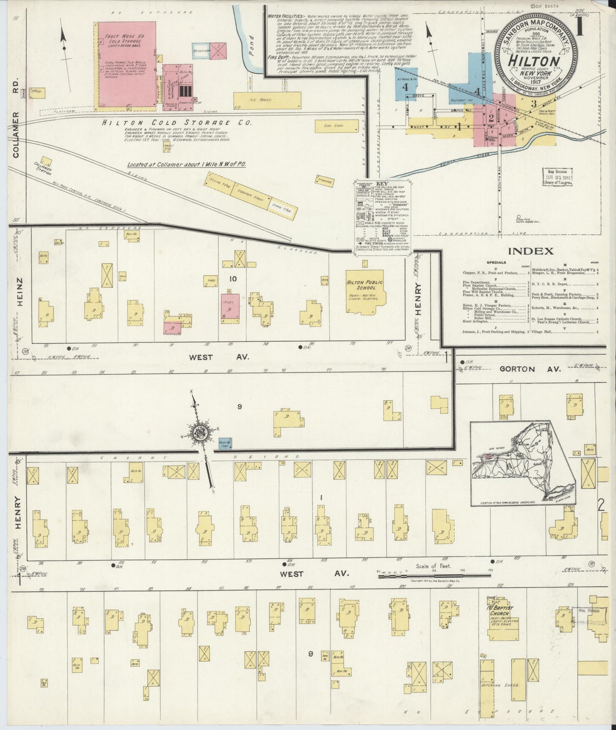 Sanborn Fire Insurance Map from Hilton, Monroe County, New York (1917), Sheet #0001 - Complete Map Set gallery image, historic Sanborn map, vintage wall art, New York New York