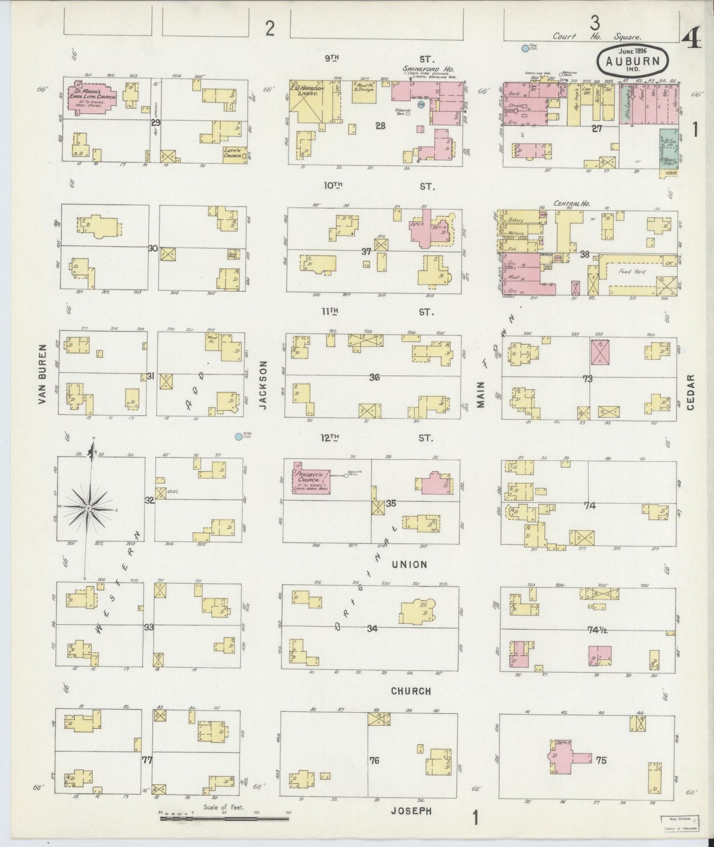 Sanborn Fire Insurance Map from Auburn, De Kalb County, Indiana (1896), Sheet #0004 - Historic Sanborn Fire Insurance Map Print, vintage old map wall art, antique decor, genealogy gift, Indiana Indiana map
