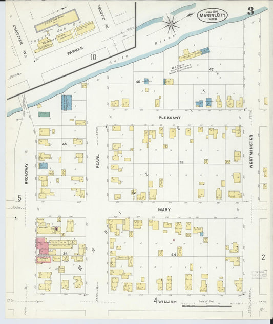 Sanborn Fire Insurance Map from Marine City, Saint Clair County, Michigan (1907), Sheet #0003 - Historic Sanborn Fire Insurance Map Print, vintage old map wall art, antique decor, genealogy gift, Michigan Michigan map