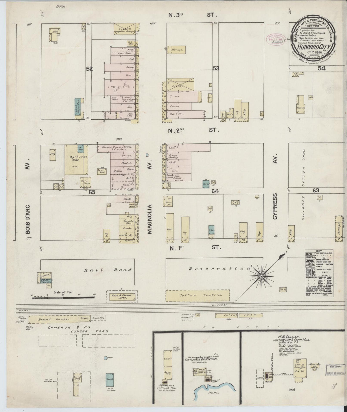 Sanborn Fire Insurance Map from Hubbard, Hill County, Texas (1888), Sheet #0001 - Historic Sanborn Fire Insurance Map Print, vintage old map wall art, antique decor, genealogy gift, Texas Texas map