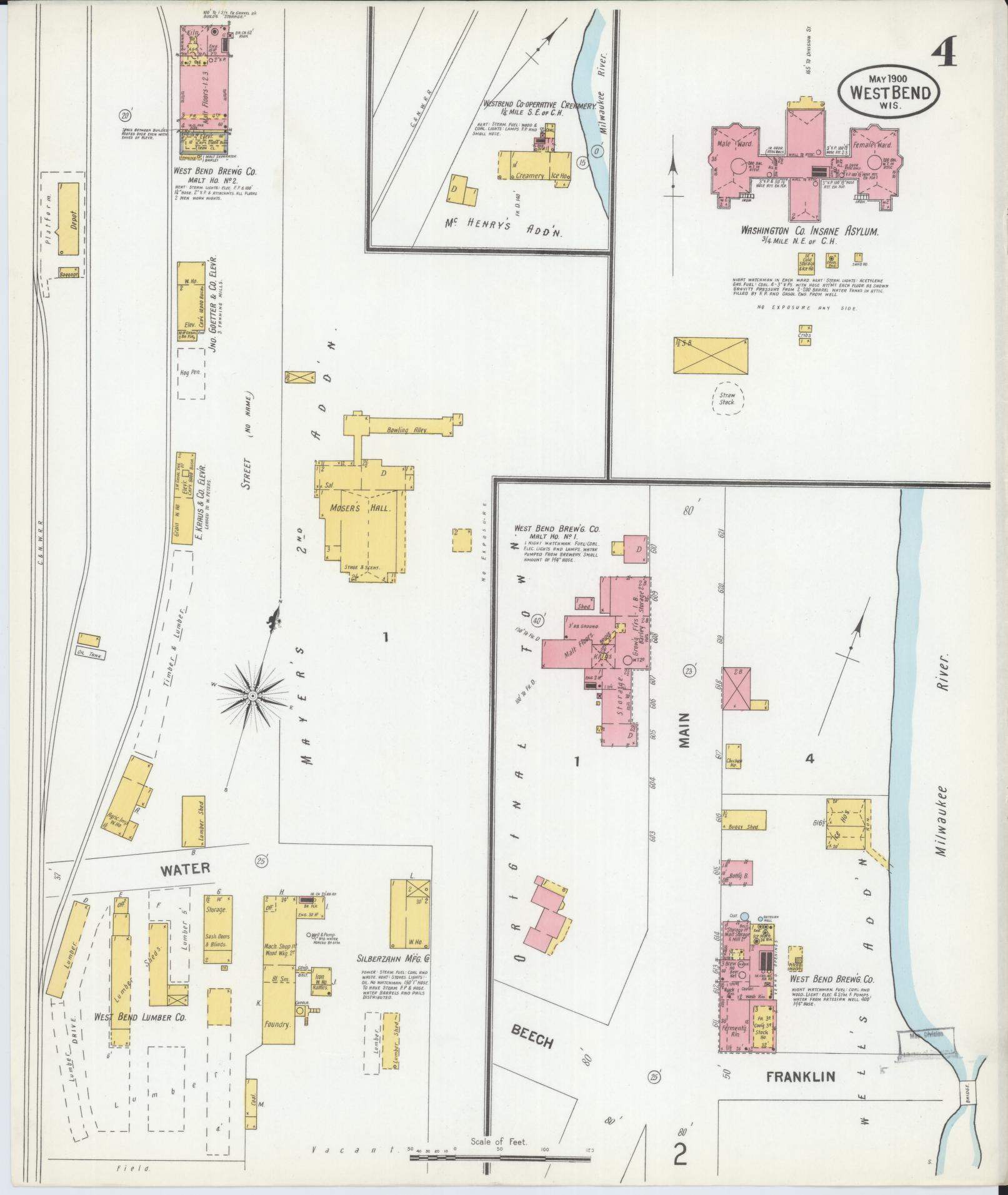 Sanborn Fire Insurance Map from West Bend, Washington County, Wisconsin (1900), Sheet #0004 - Historic Sanborn Fire Insurance Map Print, vintage old map wall art, antique decor, genealogy gift, Wisconsin Wisconsin map