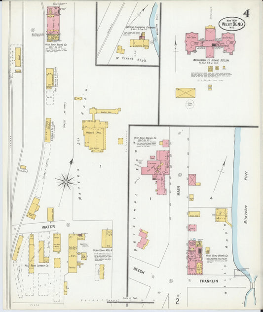 Sanborn Fire Insurance Map from West Bend, Washington County, Wisconsin (1900), Sheet #0004 - Historic Sanborn Fire Insurance Map Print, vintage old map wall art, antique decor, genealogy gift, Wisconsin Wisconsin map