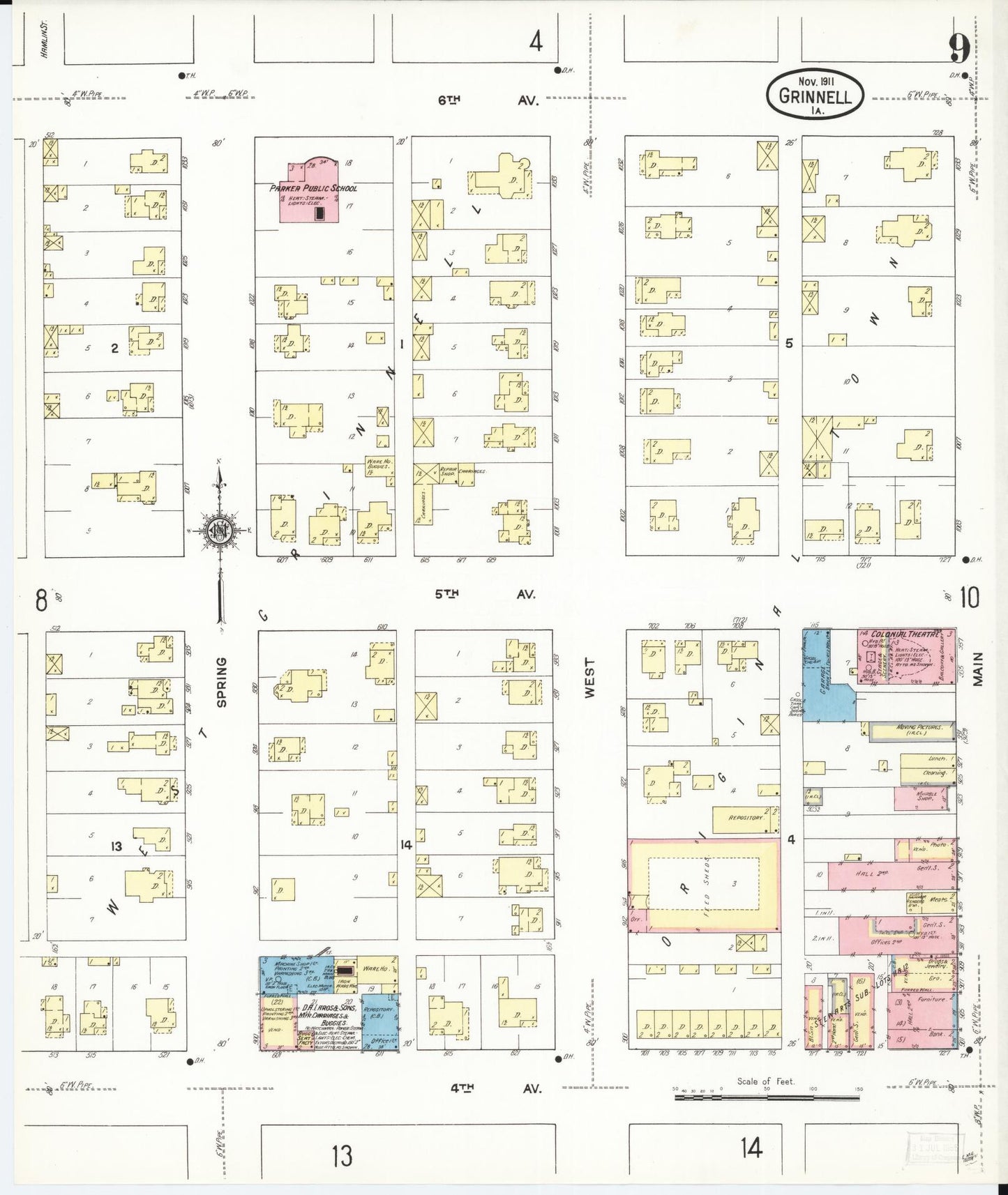 Sanborn Fire Insurance Map from Grinnell, Poweshiek County, Iowa (1911), Sheet #0009 - Historic Sanborn Fire Insurance Map Print, vintage old map wall art