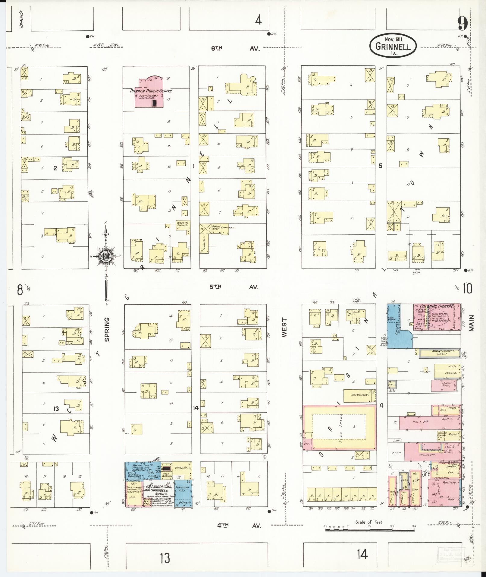 Sanborn Fire Insurance Map from Grinnell, Poweshiek County, Iowa (1911), Sheet #0009 - Historic Sanborn Fire Insurance Map Print, vintage old map wall art