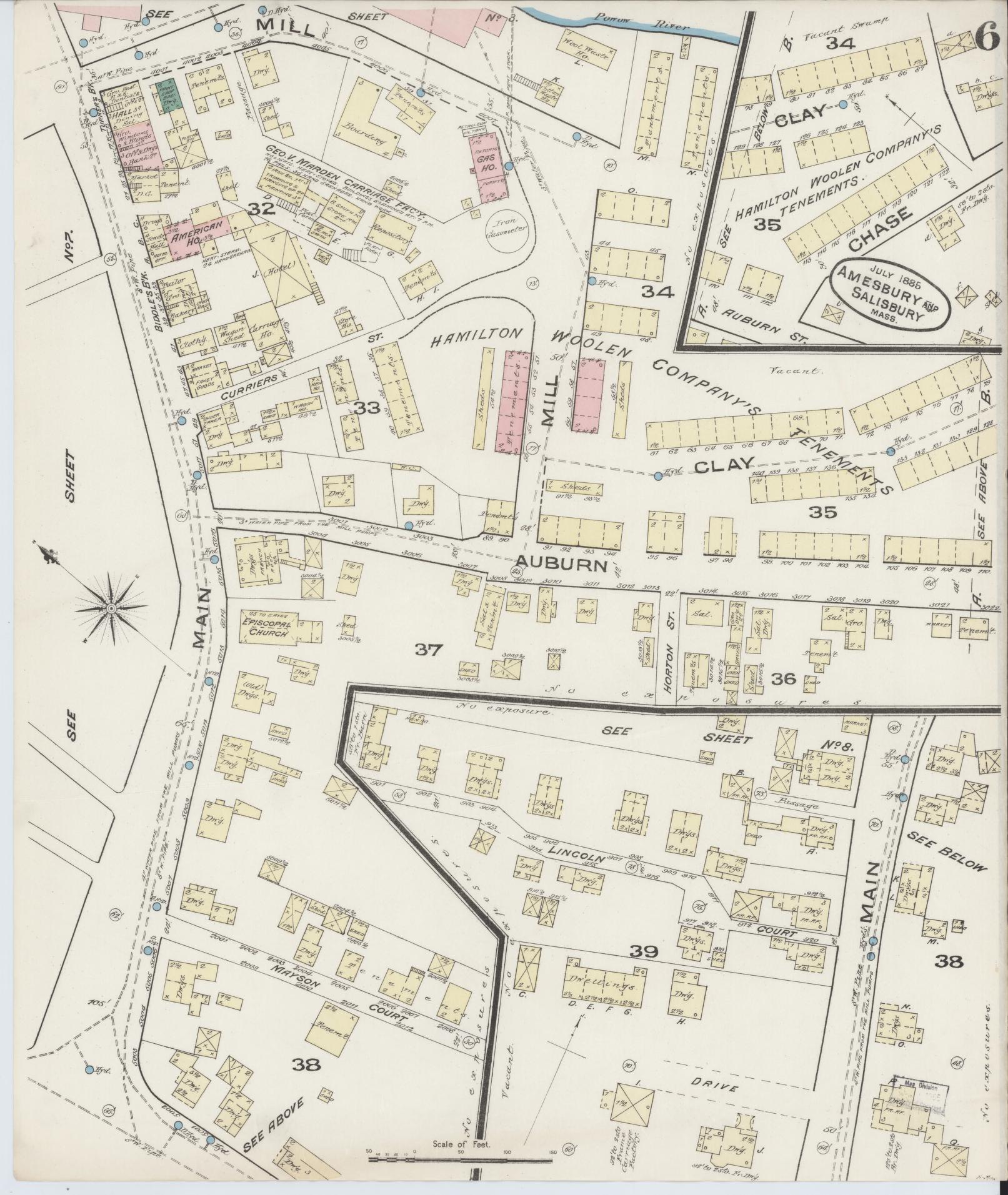 Sanborn Fire Insurance Map from Amesbury, Essex County, Massachusetts (1885), Sheet #0006 - Historic Sanborn Fire Insurance Map Print, vintage old map wall art, antique decor, genealogy gift, Massachusetts Massachusetts map