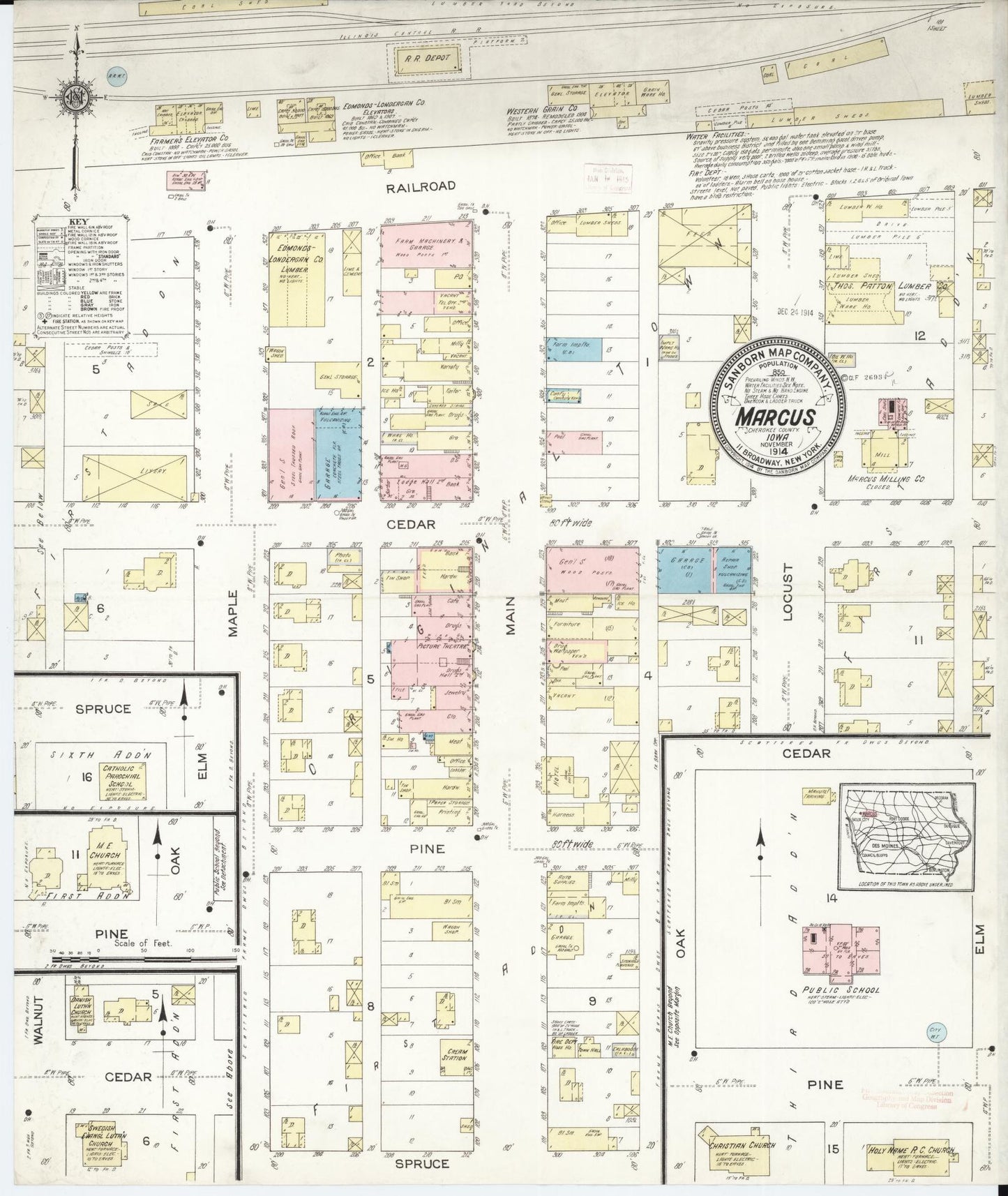 Sanborn Fire Insurance Map from Marcus, Cherokee County, Iowa (1914), Sheet #0001 - Historic Sanborn Fire Insurance Map Print, vintage old map wall art