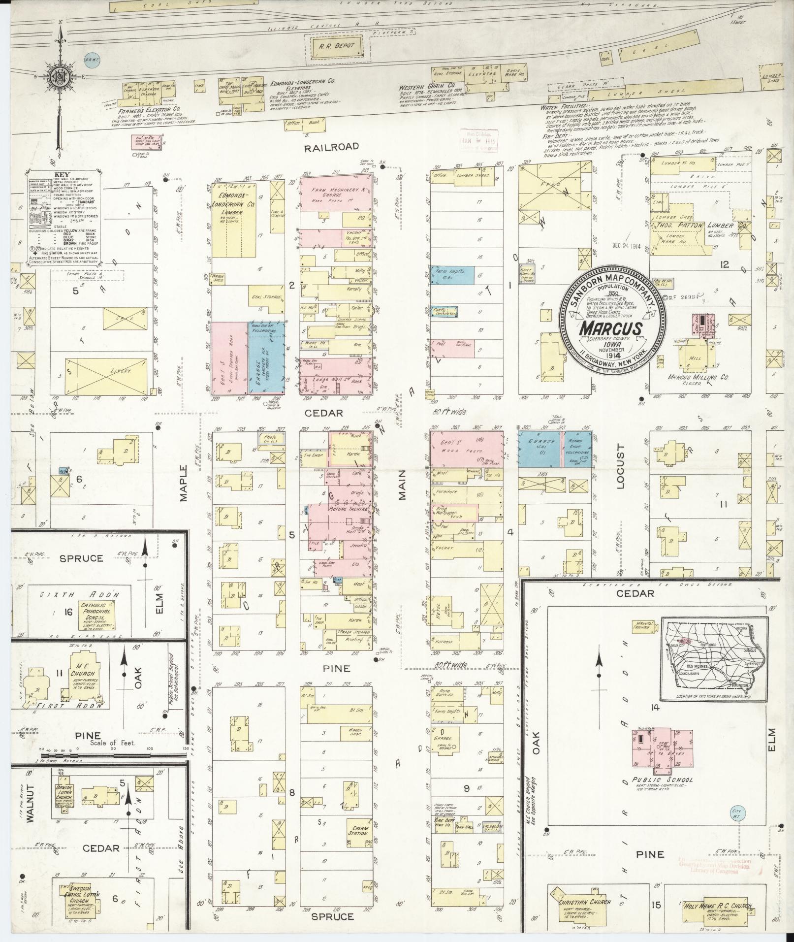 Sanborn Fire Insurance Map from Marcus, Cherokee County, Iowa (1914), Sheet #0001 - Historic Sanborn Fire Insurance Map Print, vintage old map wall art