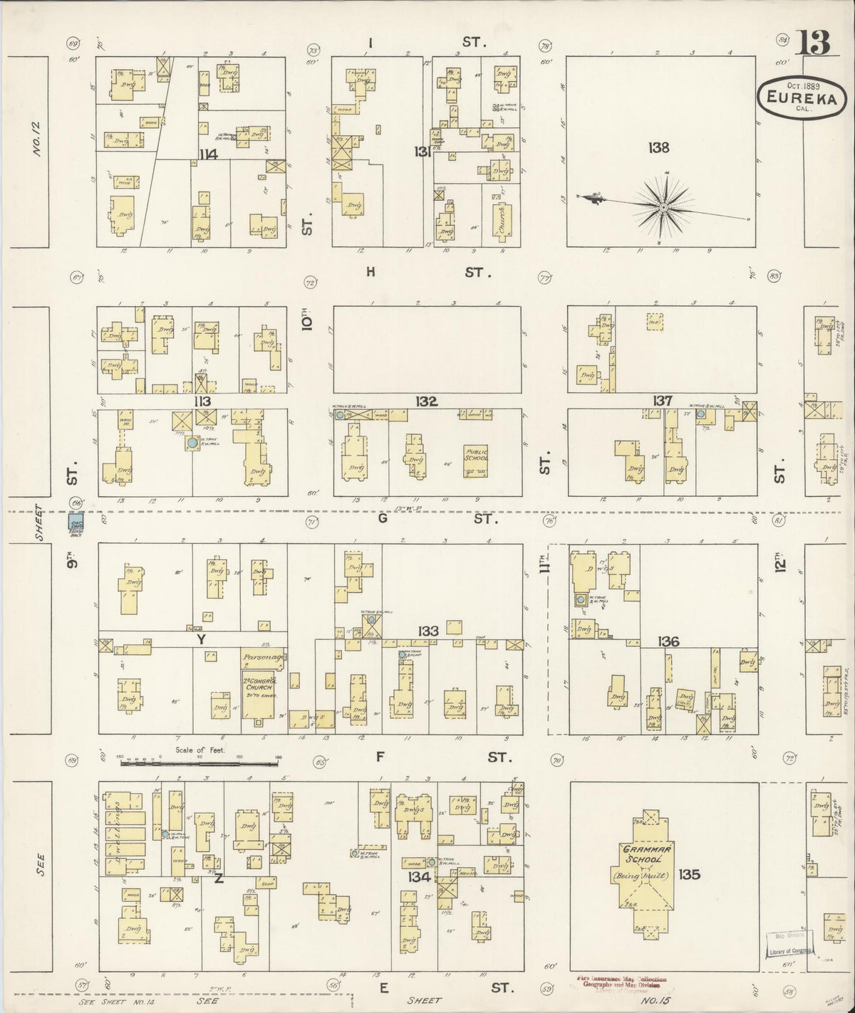 Sanborn Fire Insurance Map from Eureka, Humboldt County, California (1889), Sheet #0013 - Complete Map Set gallery image, historic Sanborn map, vintage wall art, California California