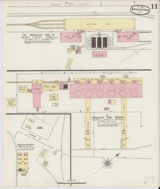 Sanborn Fire Insurance Map from Anniston, Calhoun County, Alabama (1890), Sheet #0011 - Historic Sanborn Fire Insurance Map Print, vintage old map wall art, antique decor, genealogy gift, Alabama Alabama map