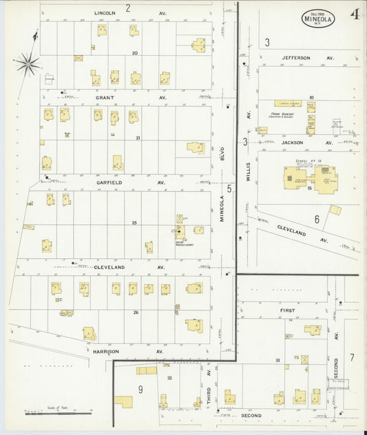 Sanborn Fire Insurance Map from Mineola, Nassau County, New York (1908), Sheet #0004 - Historic Sanborn Fire Insurance Map Print, vintage old map wall art, antique decor, genealogy gift, New York New York map