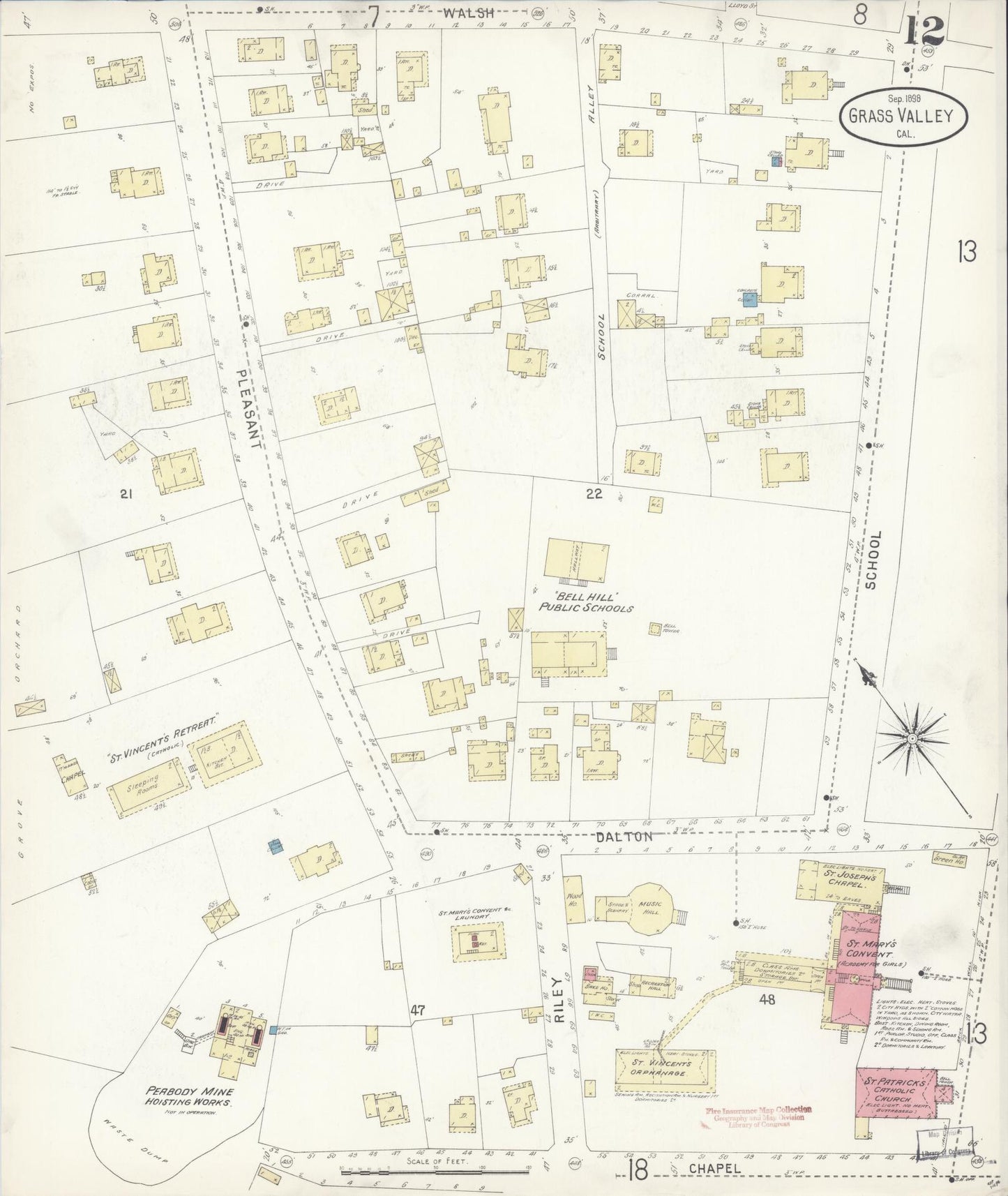 Sanborn Fire Insurance Map from Grass Valley, Nevada County, California (1898), Sheet #0012 - Historic Sanborn Fire Insurance Map Print, vintage old map wall art, antique decor, genealogy gift, Grass Valley Nevada map