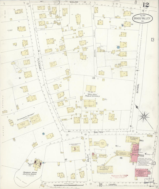 Sanborn Fire Insurance Map from Grass Valley, Nevada County, California (1898), Sheet #0012 - Historic Sanborn Fire Insurance Map Print, vintage old map wall art, antique decor, genealogy gift, Grass Valley Nevada map