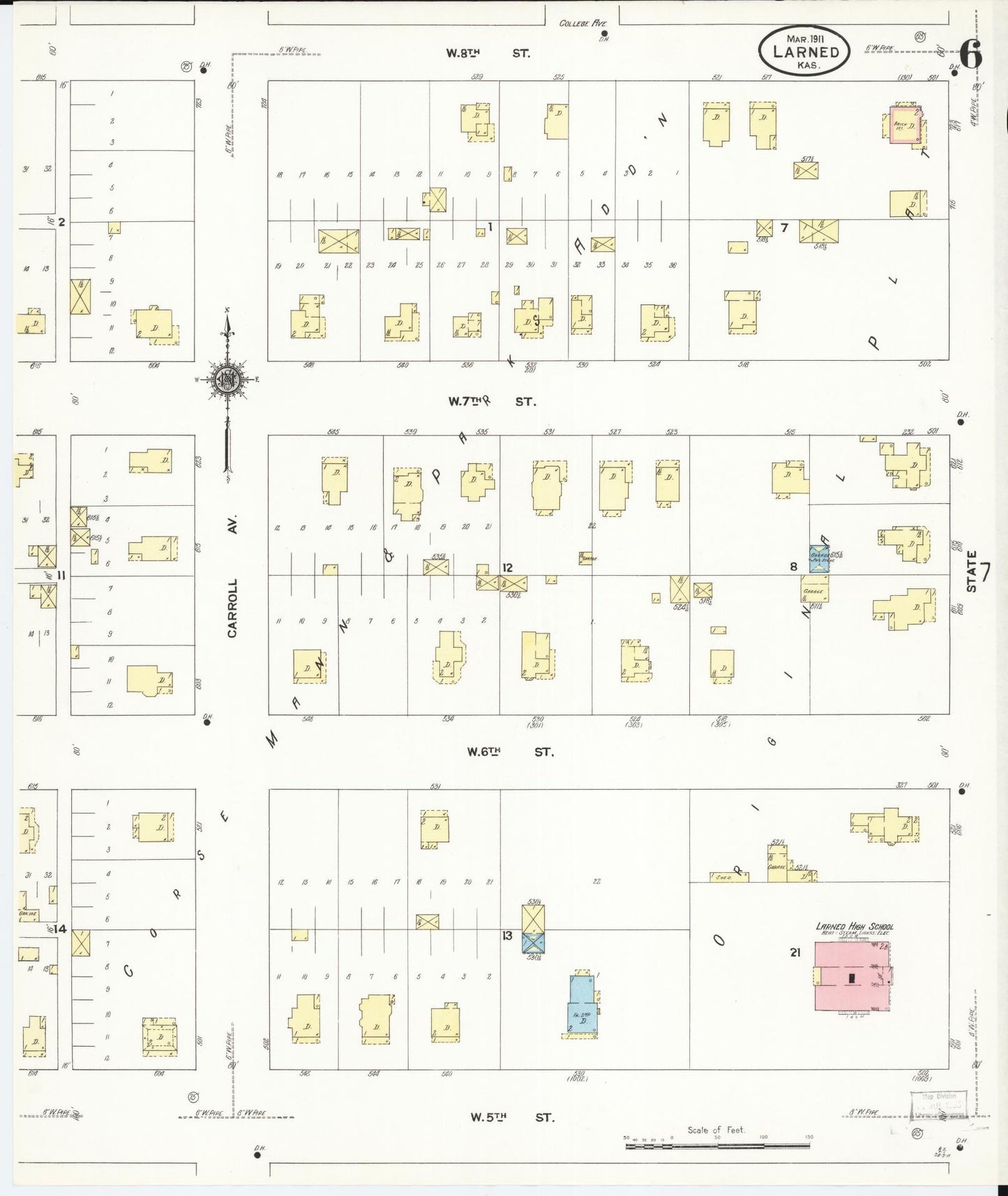Sanborn Fire Insurance Map from Larned, Pawnee County, Kansas (1911), Sheet #0006 - Historic Sanborn Fire Insurance Map Print, vintage old map wall art, antique decor, genealogy gift, Kansas Kansas map