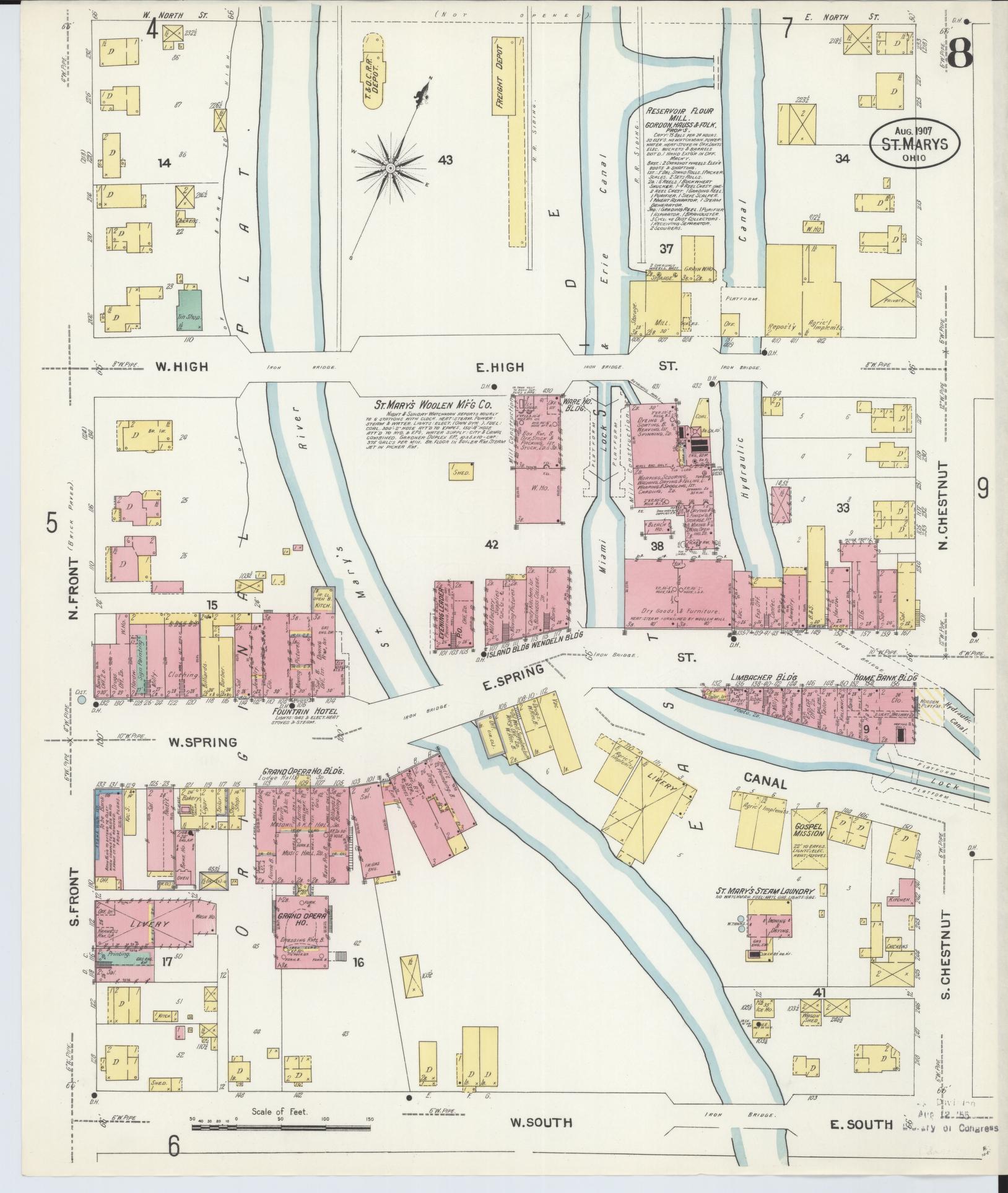 Sanborn Fire Insurance Map from Saint Marys, Auglaize County, Ohio (1907), Sheet #0008 - Historic Sanborn Fire Insurance Map Print, vintage old map wall art, antique decor, genealogy gift, Ohio Ohio map