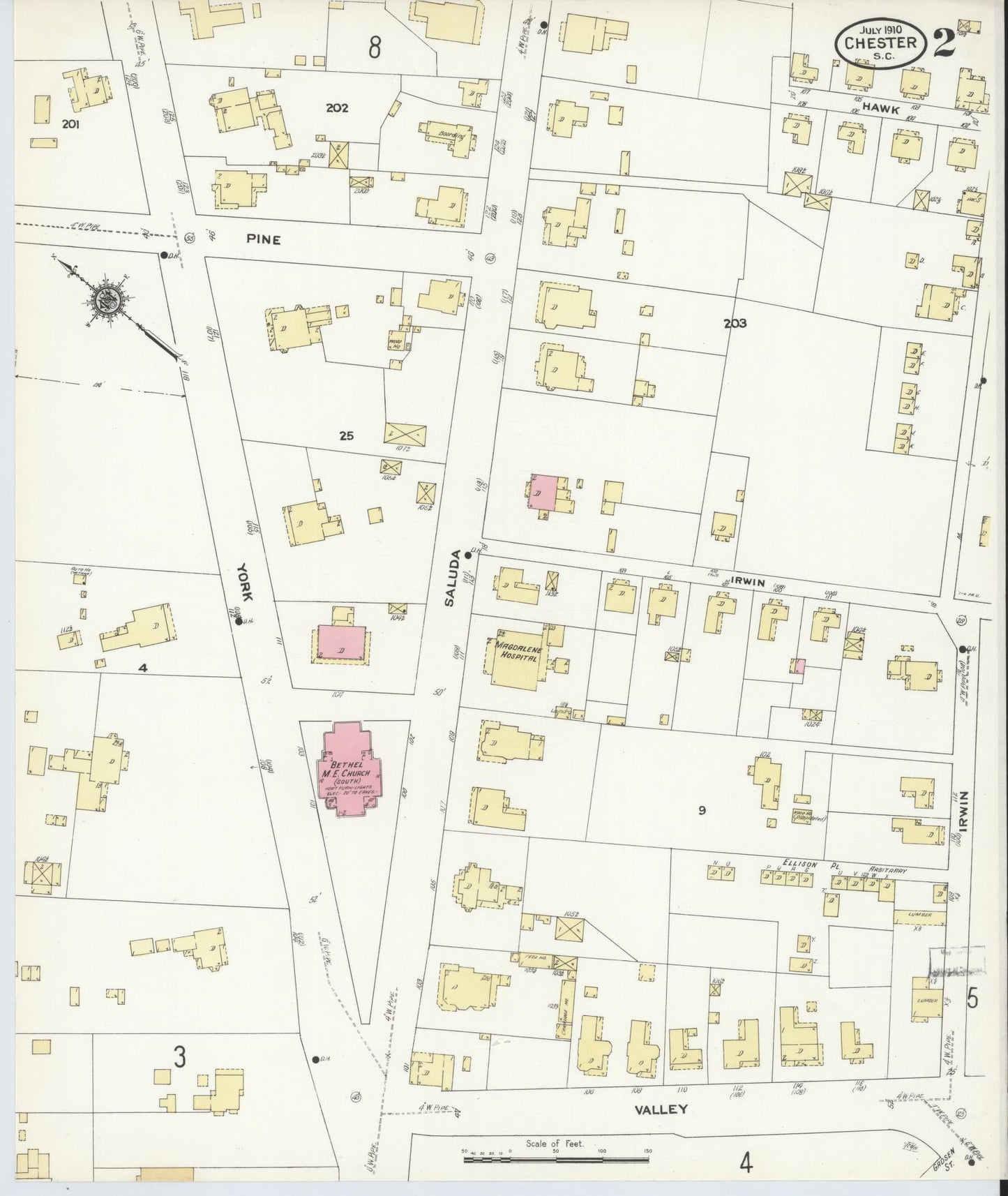 Sanborn Fire Insurance Map from Chester, Chester County, South Carolina (1910), Sheet #0002 - Complete Map Set gallery image, historic Sanborn map, vintage wall art, South Carolina South Carolina