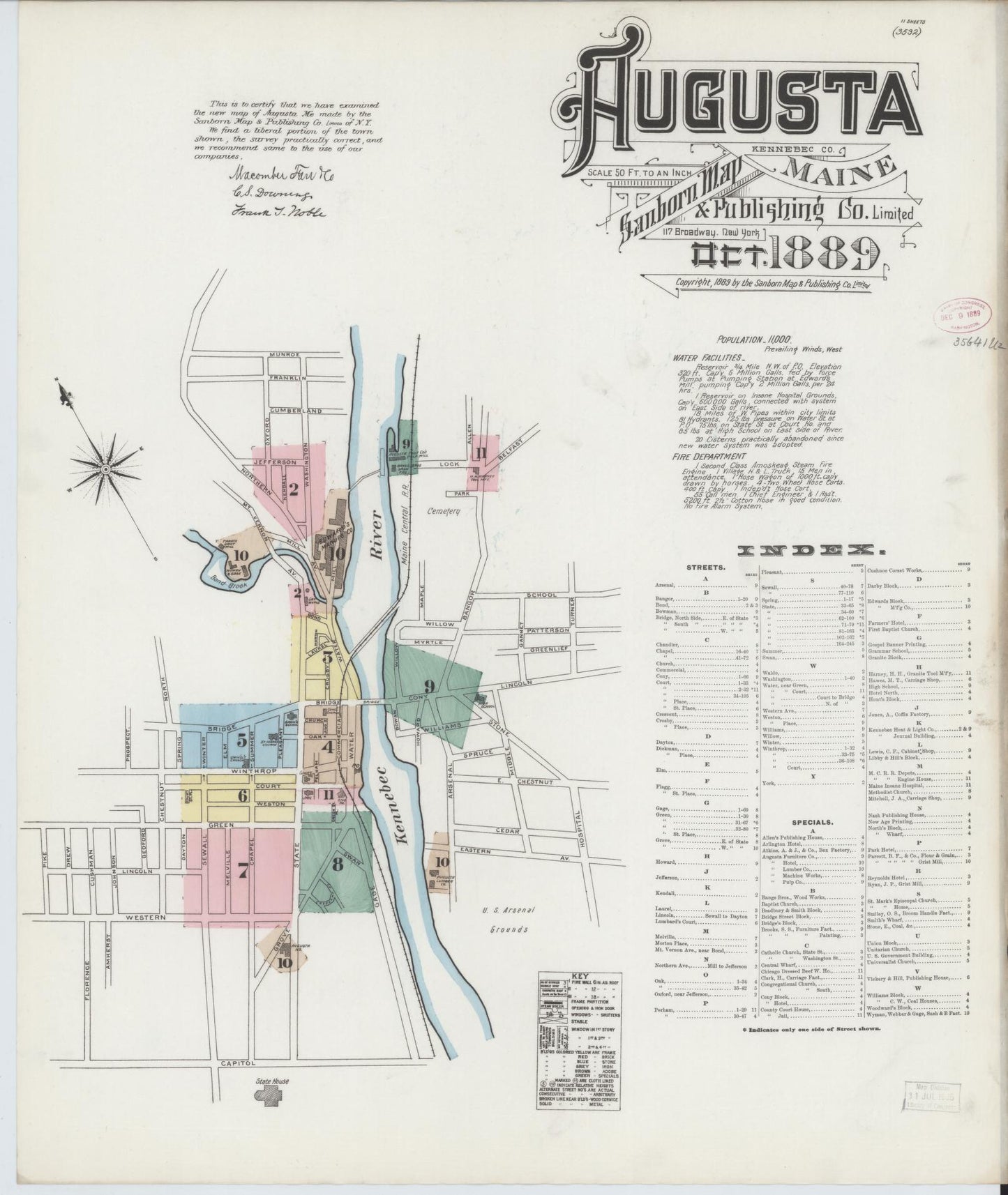 Sanborn Fire Insurance Map from Augusta, Kennebec County, Maine (1889), Sheet #0001 - Historic Sanborn Fire Insurance Map Print, vintage old map wall art, antique decor, genealogy gift, Maine Maine map