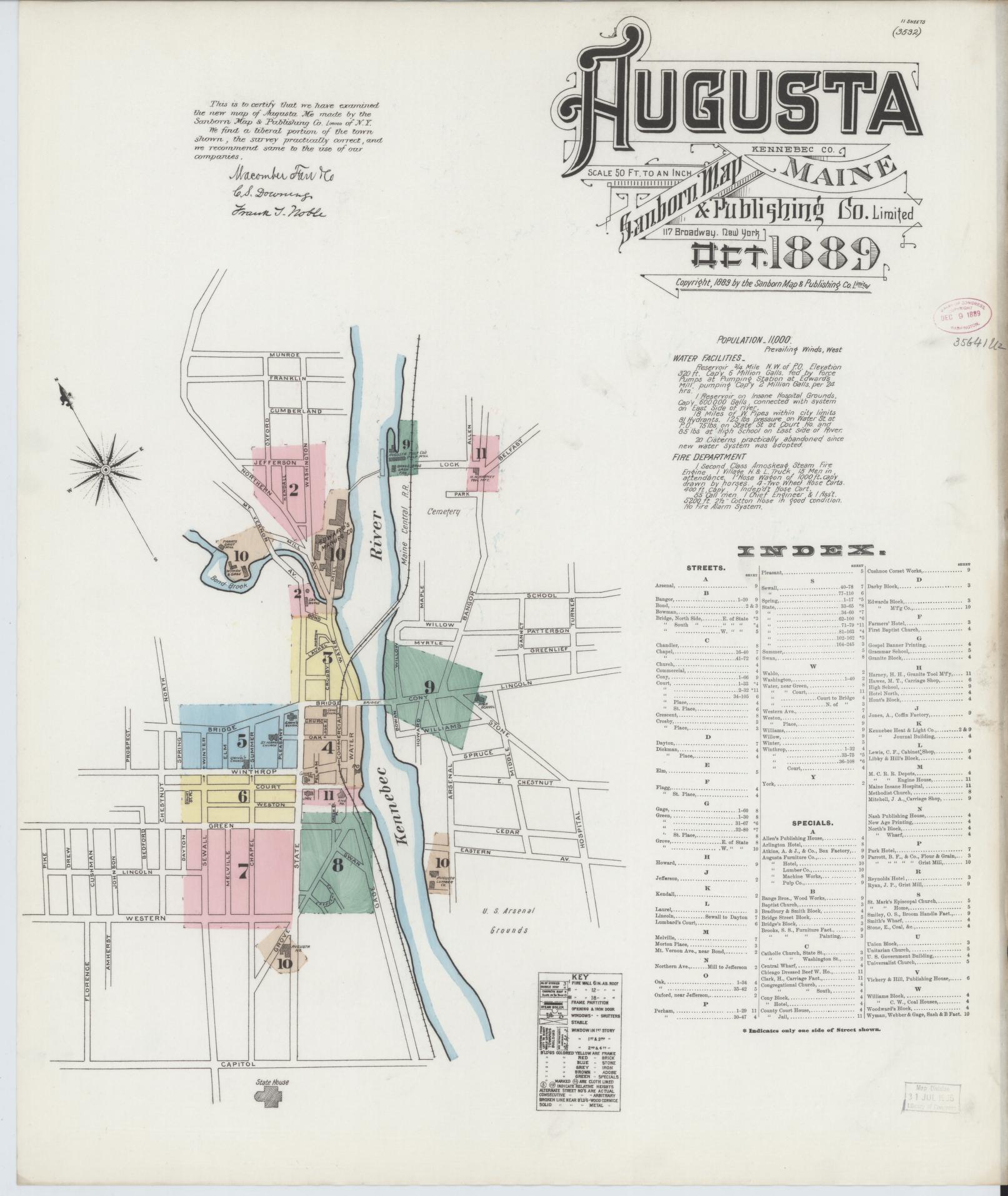 Sanborn Fire Insurance Map from Augusta, Kennebec County, Maine (1889), Sheet #0001 - Historic Sanborn Fire Insurance Map Print, vintage old map wall art, antique decor, genealogy gift, Maine Maine map