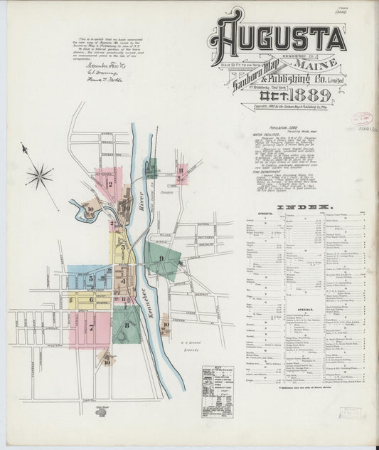 Sanborn Fire Insurance Map from Augusta, Kennebec County, Maine (1889), Sheet #0001 - Historic Sanborn Fire Insurance Map Print, vintage old map wall art, antique decor, genealogy gift, Maine Maine map