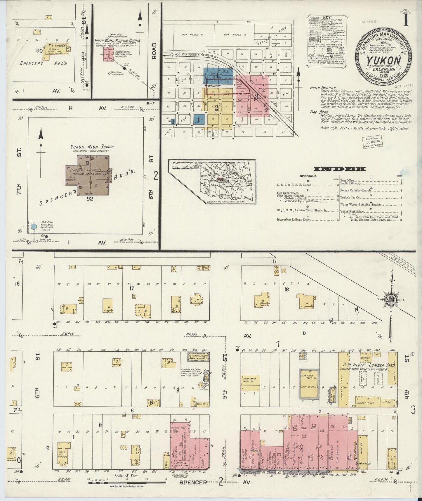 Sanborn Fire Insurance Map from Yukon, Canadian County, Oklahoma (1920), Sheet #0001 - Historic Sanborn Fire Insurance Map Print, vintage old map wall art, antique decor, genealogy gift, Oklahoma Oklahoma map