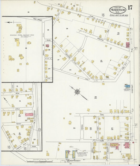 Sanborn Fire Insurance Map from Henderson, Vance County, North Carolina (1917), Sheet #0017 - Historic Sanborn Fire Insurance Map Print, vintage old map wall art, antique decor, genealogy gift, North Carolina North Carolina map