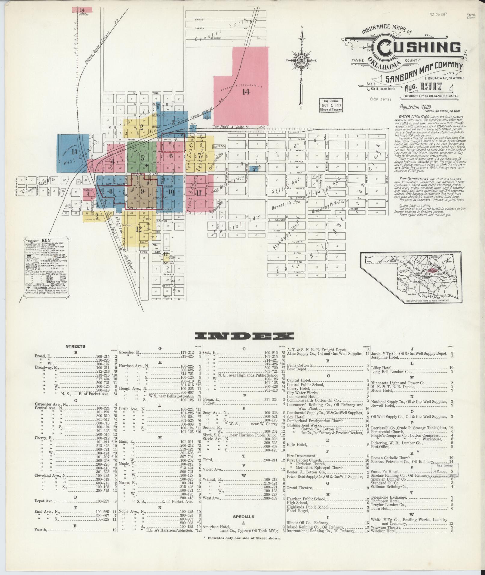 Sanborn Fire Insurance Map from Cushing, Payne County, Oklahoma (1917), Sheet #0001 - Historic Sanborn Fire Insurance Map Print, vintage old map wall art, antique decor, genealogy gift, Oklahoma Oklahoma map
