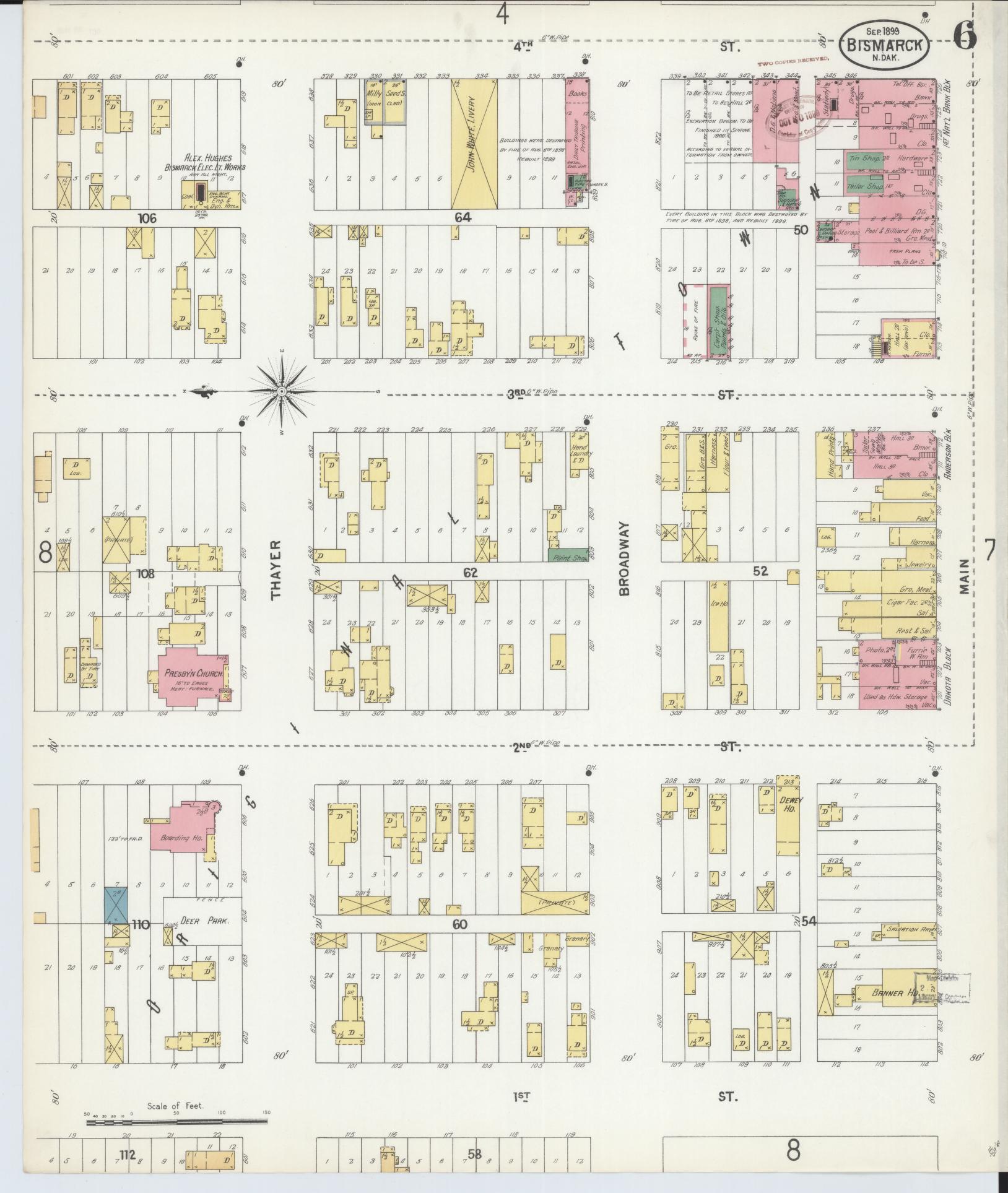 Sanborn Fire Insurance Map from Bismarck, Burleigh County, North Dakota (1899), Sheet #0006 - Historic Sanborn Fire Insurance Map Print, vintage old map wall art, antique decor, genealogy gift, North Dakota North Dakota map