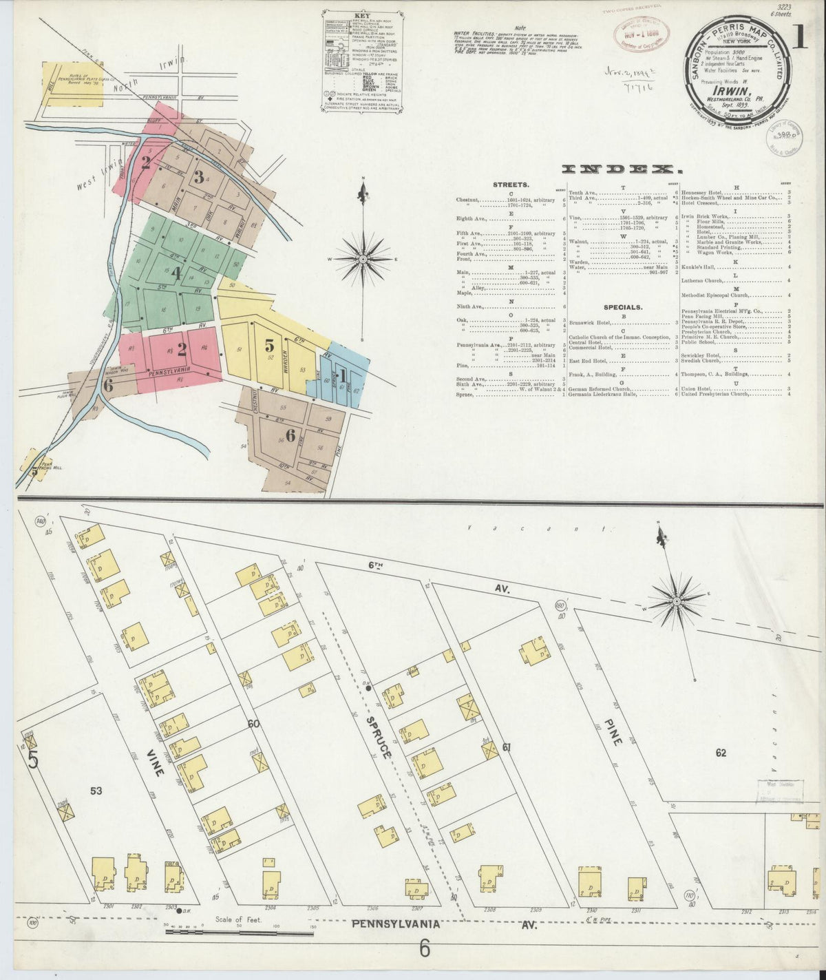 Sanborn Fire Insurance Map from Irwin, Westmoreland County, Pennsylvania (1899), Sheet #0001 - Historic Sanborn Fire Insurance Map Print, vintage old map wall art, antique decor, genealogy gift, Pennsylvania Pennsylvania map