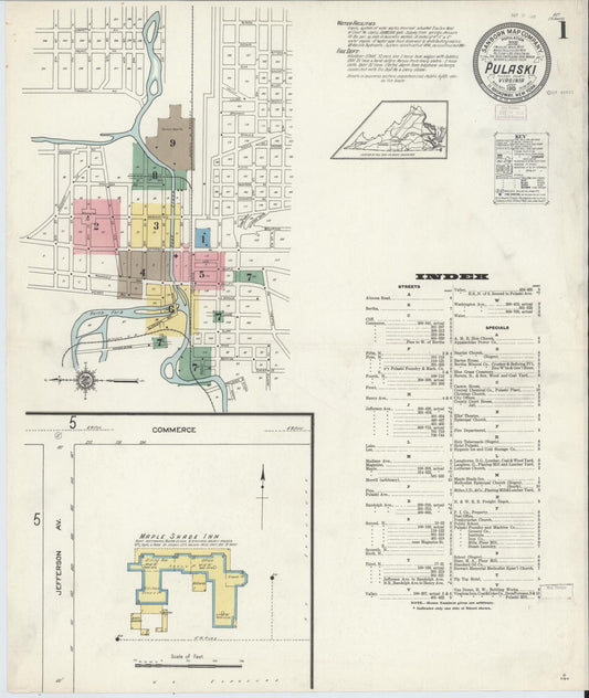 Sanborn Fire Insurance Map from Pulaski, Pulaski County, Virginia (1913), Sheet #0001 - Historic Sanborn Fire Insurance Map Print, vintage old map wall art, antique decor, genealogy gift, Virginia Virginia map