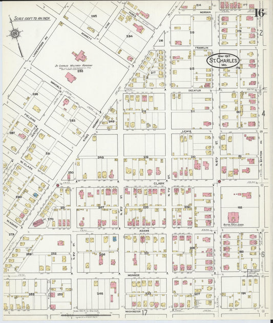 Sanborn Fire Insurance Map from Saint Charles, Saint Charles County, Missouri (1917), Sheet #0016 - Historic Sanborn Fire Insurance Map Print, vintage old map wall art, antique decor, genealogy gift, Missouri Missouri map