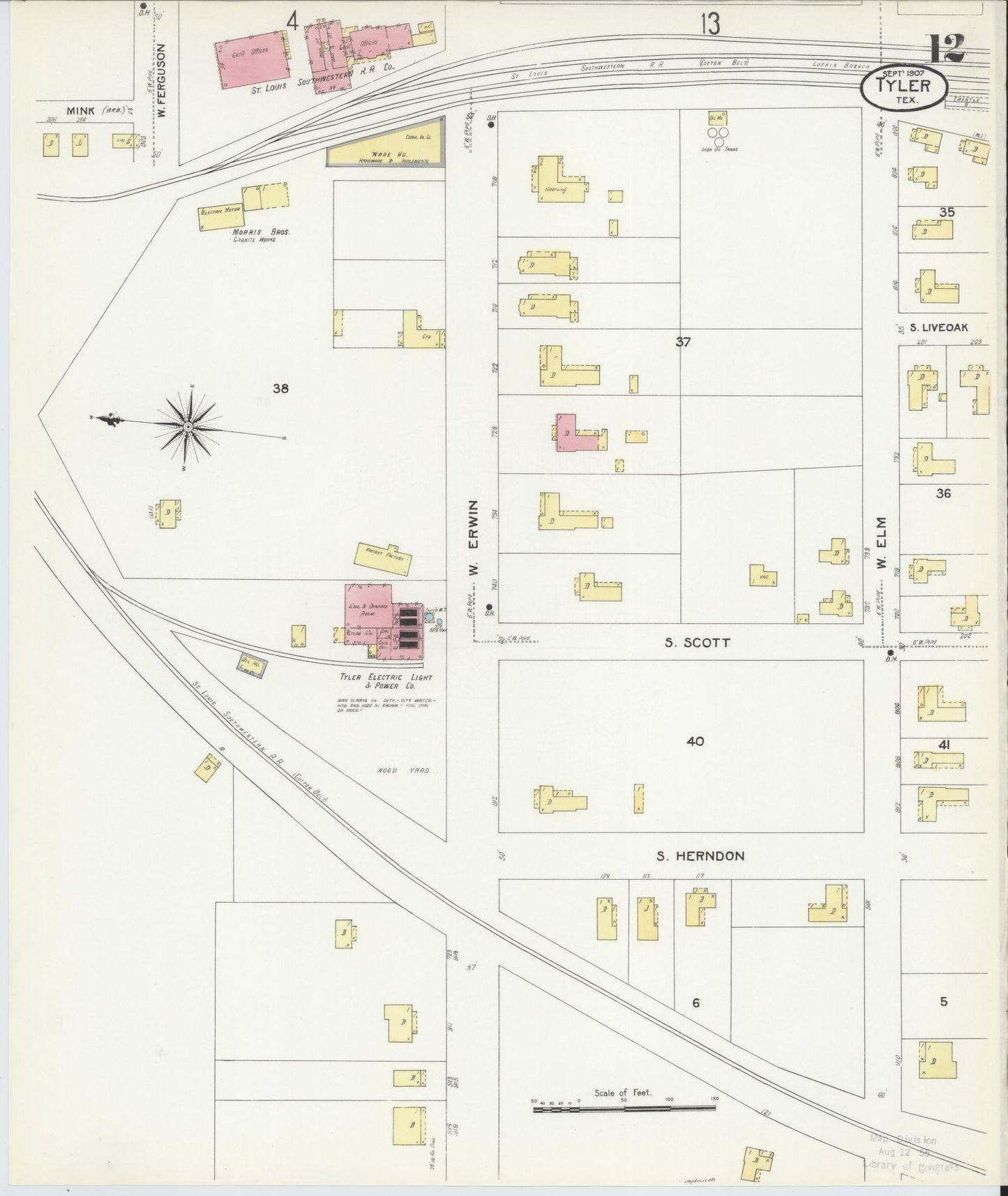 Sanborn Fire Insurance Map from Tyler, Smith County, Texas (1907), Sheet #0012 - Complete Map Set gallery image, historic Sanborn map, vintage wall art, Texas Texas